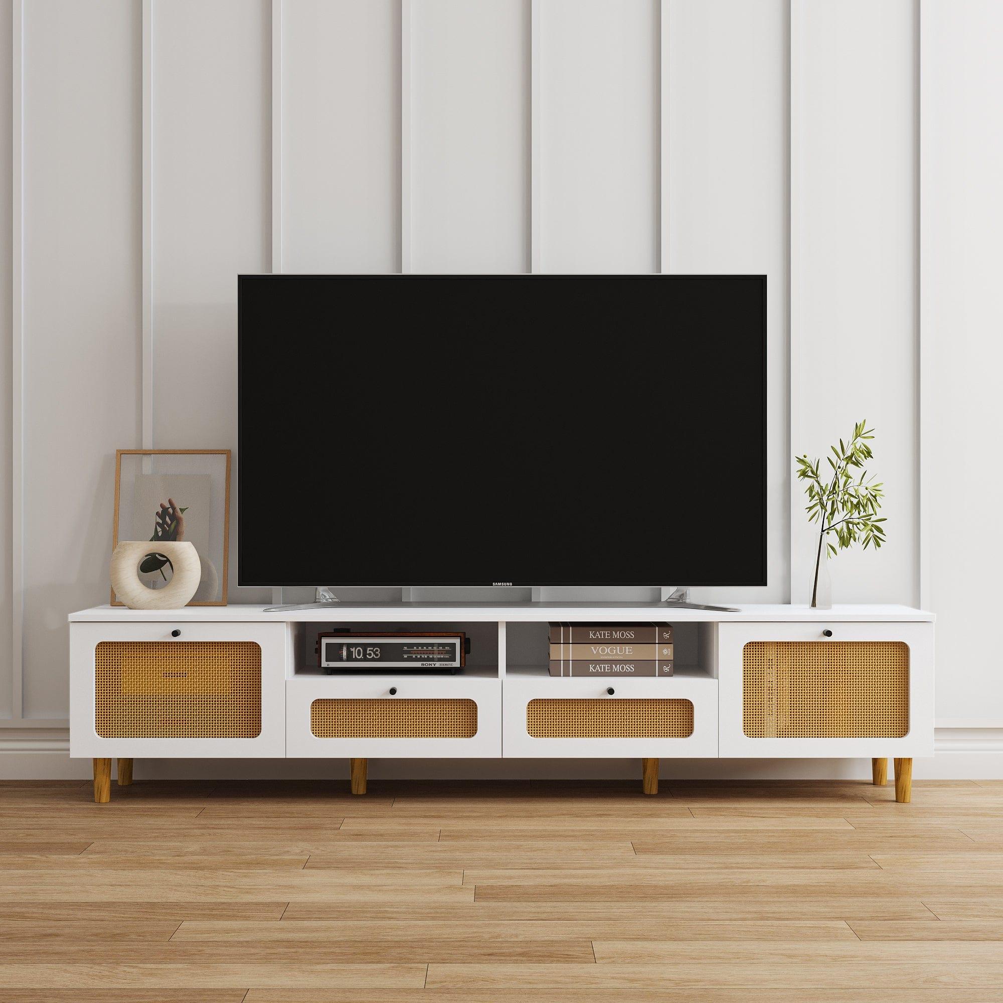 Shop Anmytek Farmhouse Rattan TV Stand Modern Wood Media Entertainment Center Console Table with 2 Doors and 2 Open Shelves Mademoiselle Home Decor