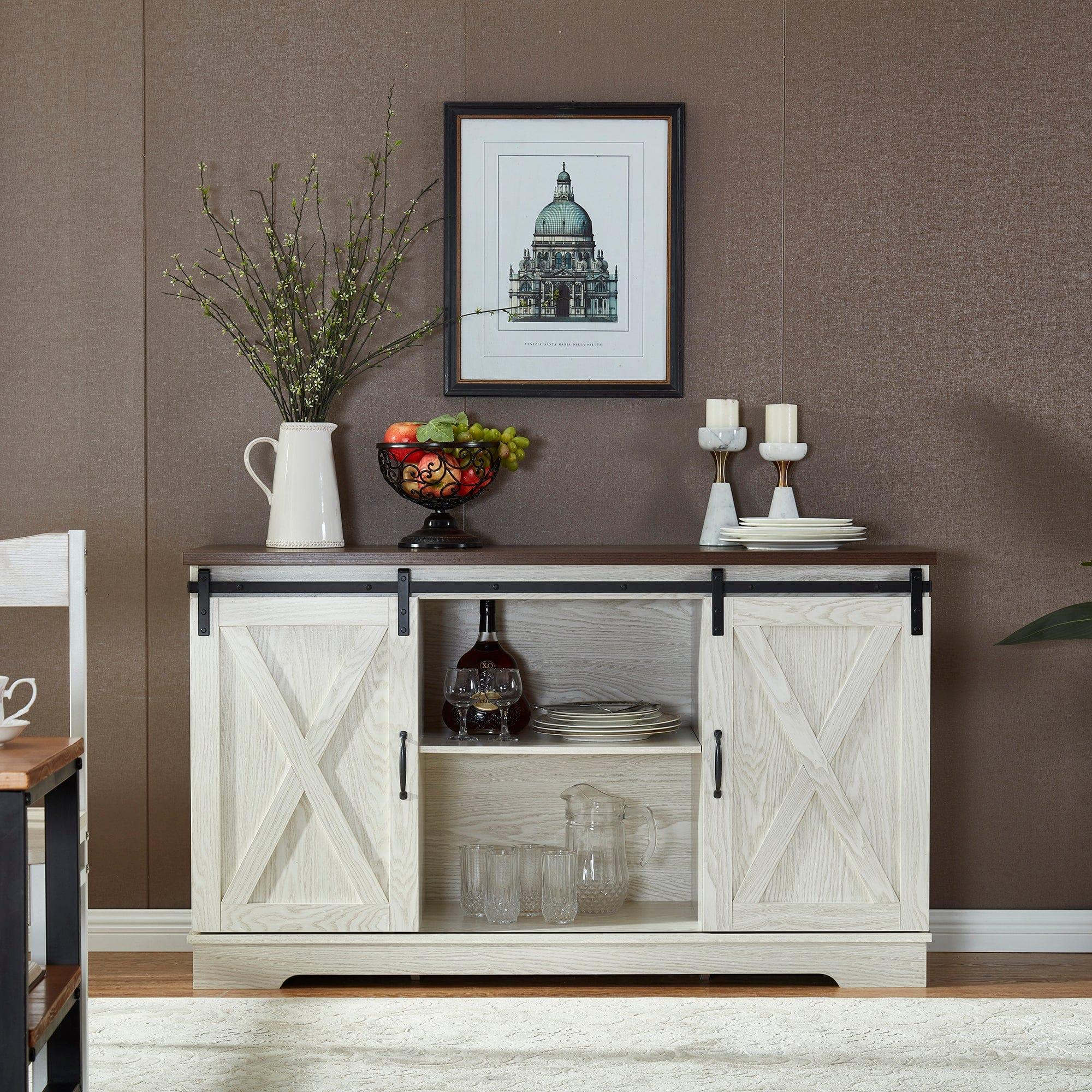 Shop Buffet Sideboard/TV Stand / Storage Cabinet with 2 Sliding Barn Doors, Walnut+White Wash Mademoiselle Home Decor