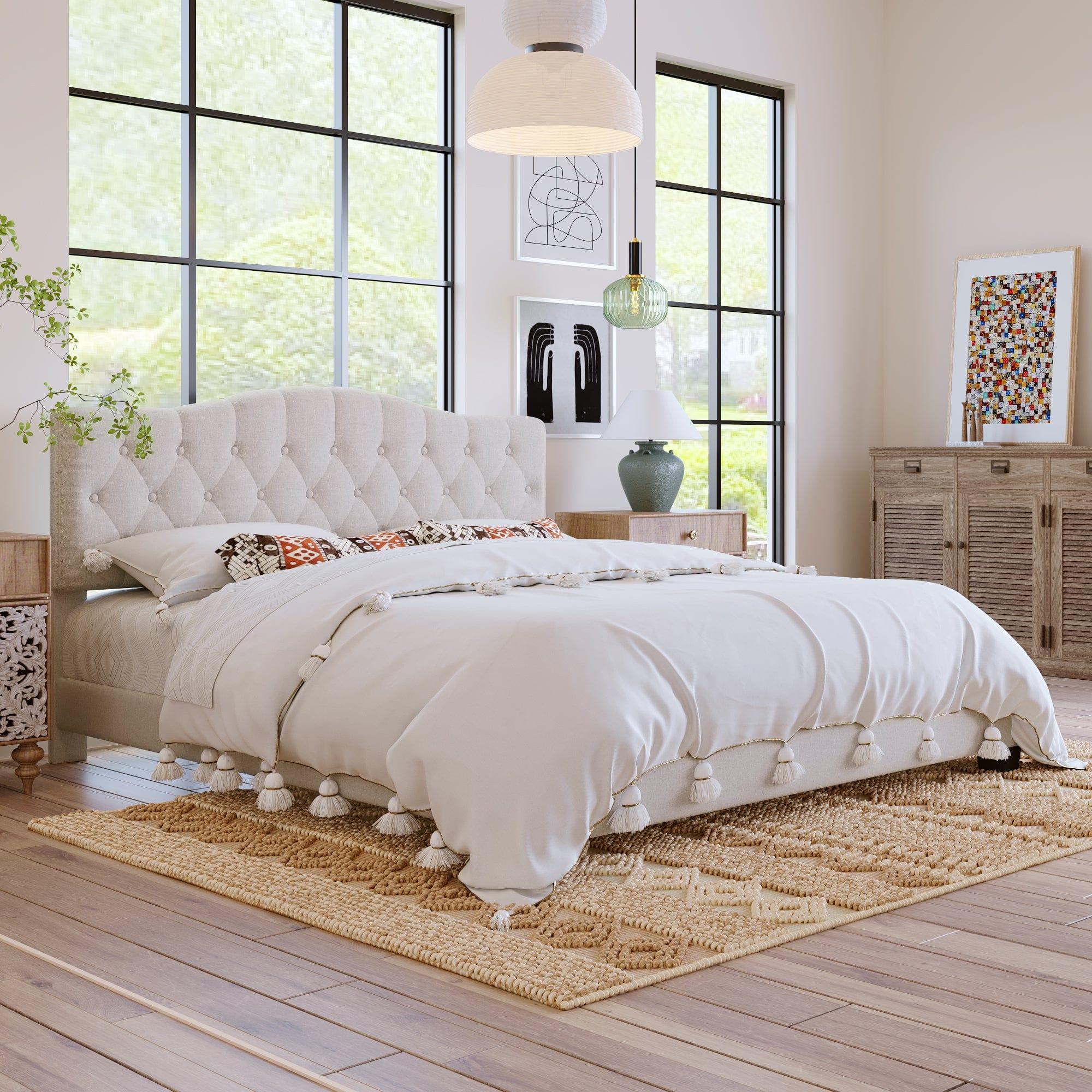 Shop Upholstered Platform Bed with Saddle Curved Headboard and Diamond Tufted Details, King, Beige Mademoiselle Home Decor