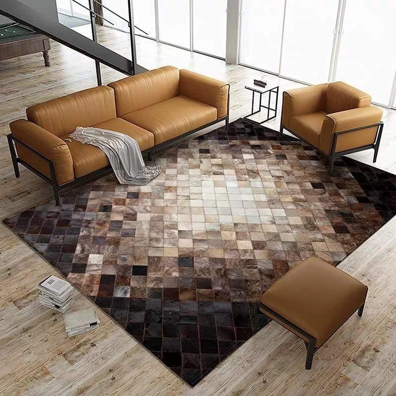 Shop 0 American Luxury Natural Brown Printed Cowhide Pattern Patchwork Carpet Living Room Printed Calfskin Plaid Carpet Mademoiselle Home Decor