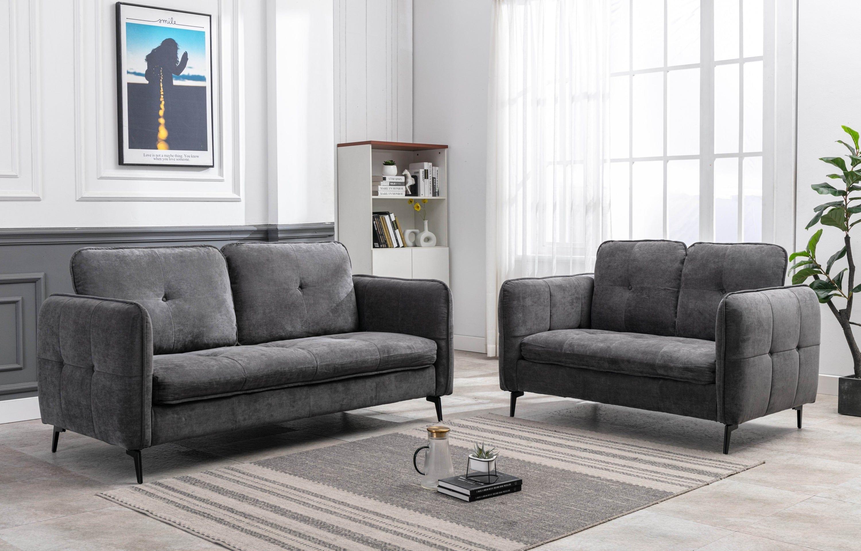 Shop Contemporary Gray Fabric Upholstered 1pc Sofa Button-Tufted and Cushion Seat Black Metal Legs Living Room Furniture Mademoiselle Home Decor