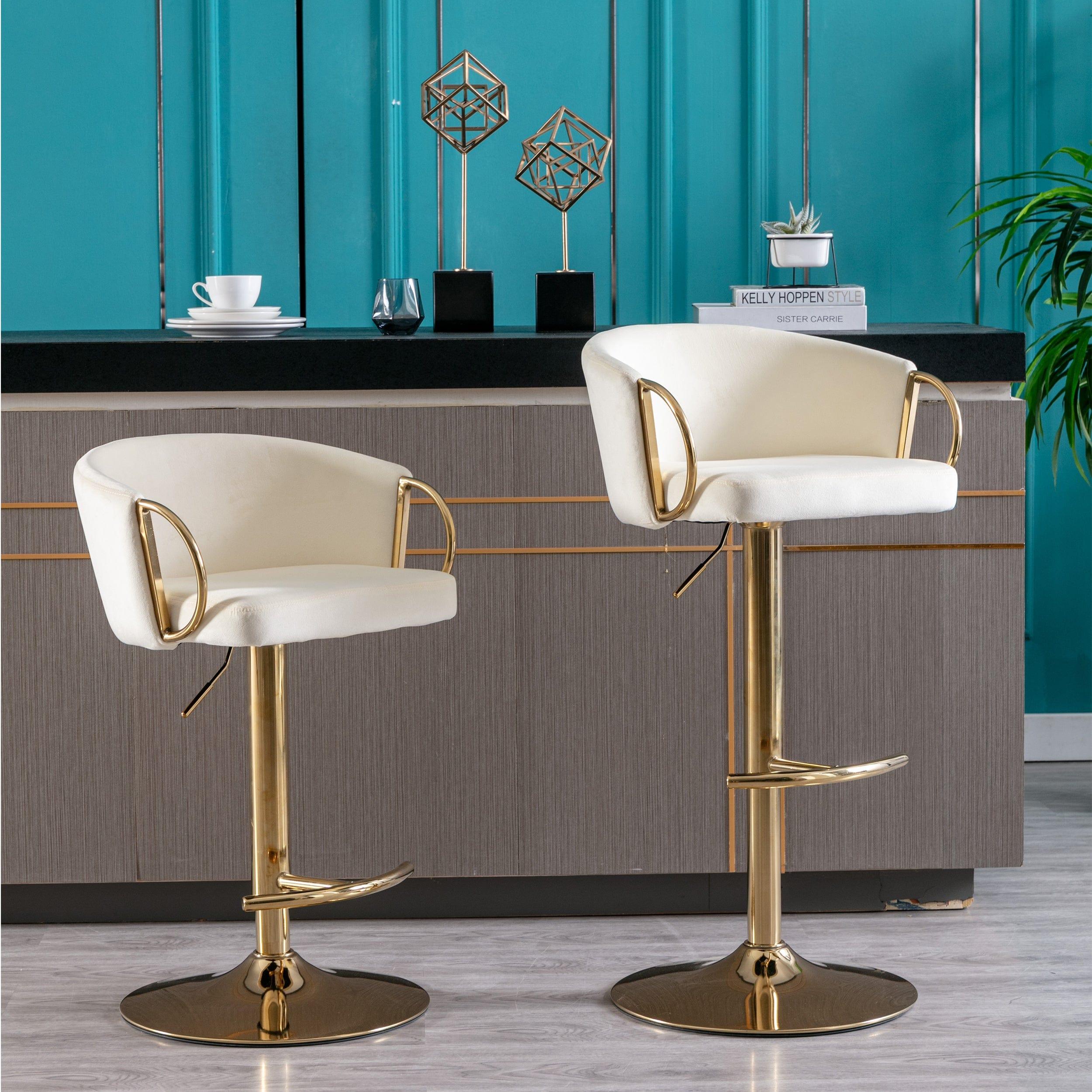 Shop Set of 2 Bar Stools,with Chrome Footrest and Base Swivel Height Adjustable Mechanical Lifting Velvet + Golden Leg Simple Bar Stool-Ivory Mademoiselle Home Decor