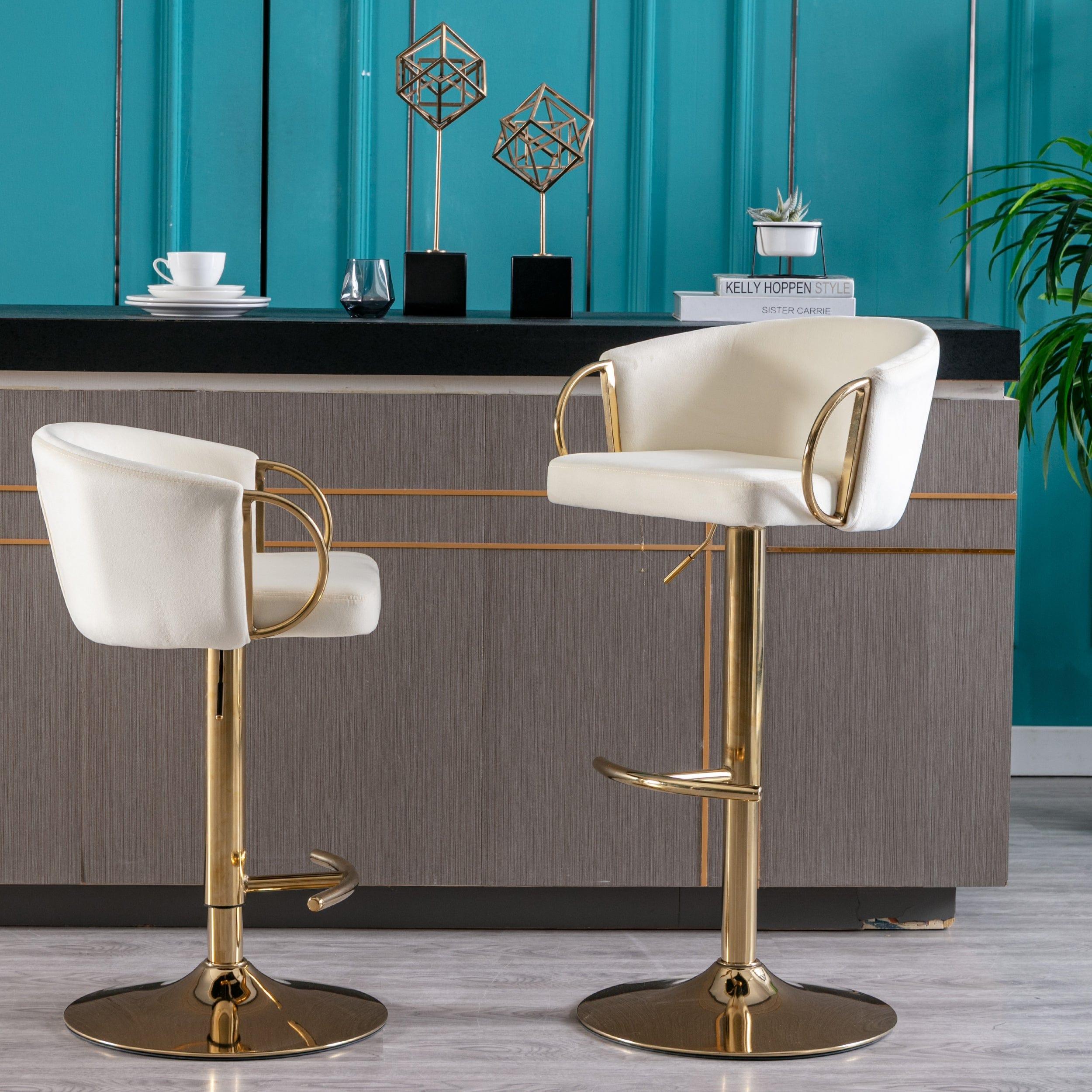 Shop Set of 2 Bar Stools,with Chrome Footrest and Base Swivel Height Adjustable Mechanical Lifting Velvet + Golden Leg Simple Bar Stool-Ivory Mademoiselle Home Decor