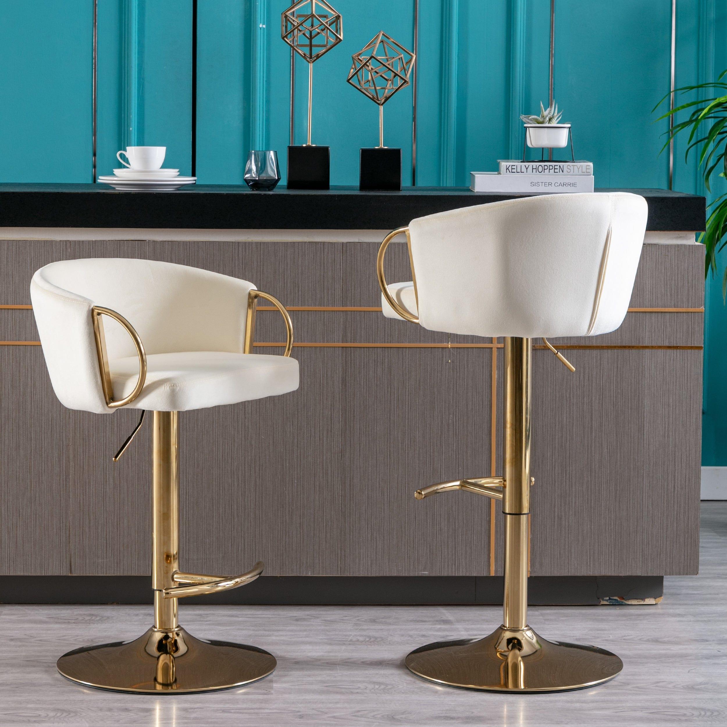 Shop Set of 2 Bar Stools,with Chrome Footrest and Base Swivel Height Adjustable Mechanical Lifting Velvet + Golden Leg Simple Bar Stool-Ivory Mademoiselle Home Decor