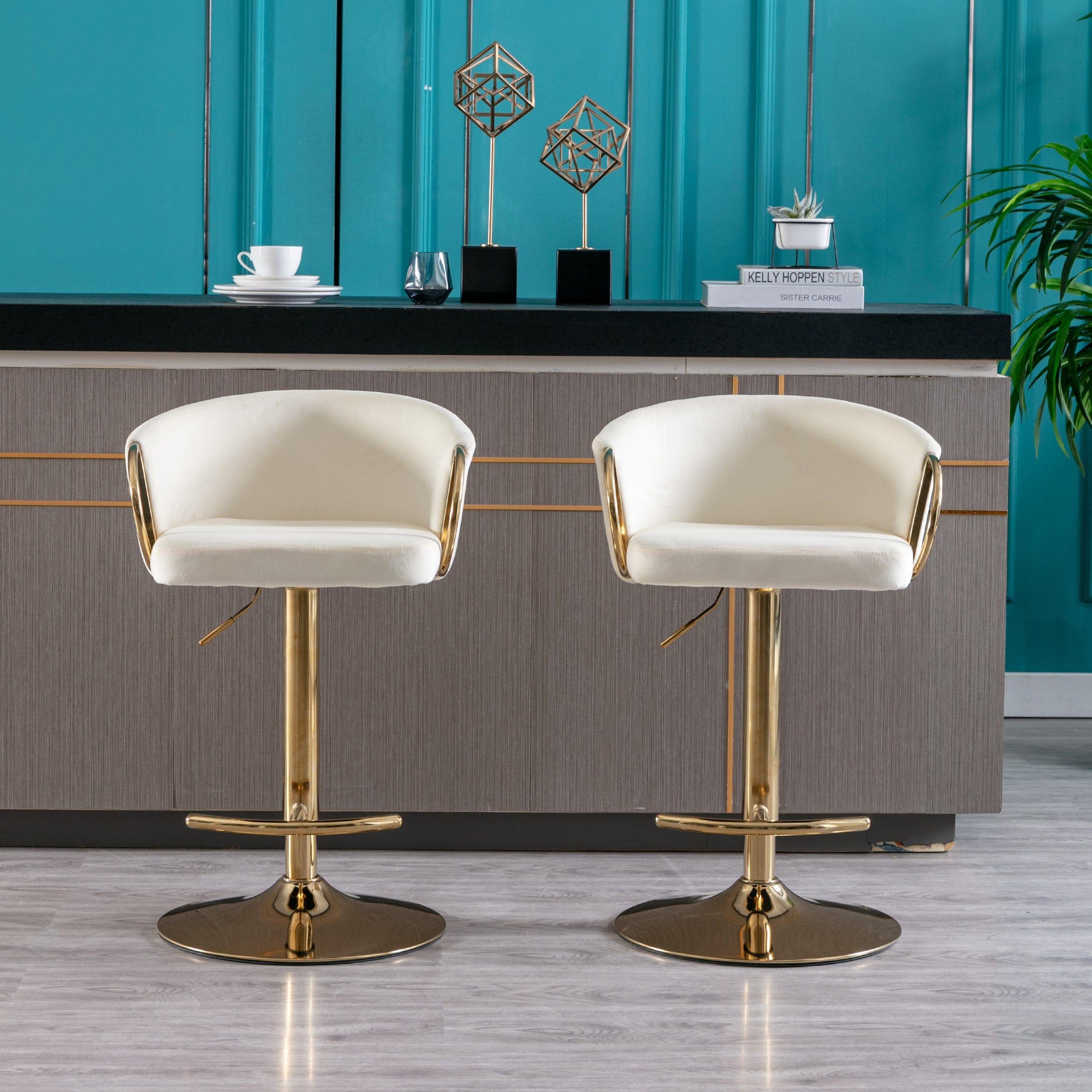 Shop Set of 2 Bar Stools,with Chrome Footrest and Base Swivel Height Adjustable Mechanical Lifting Velvet + Golden Leg Simple Bar Stool-Ivory Mademoiselle Home Decor