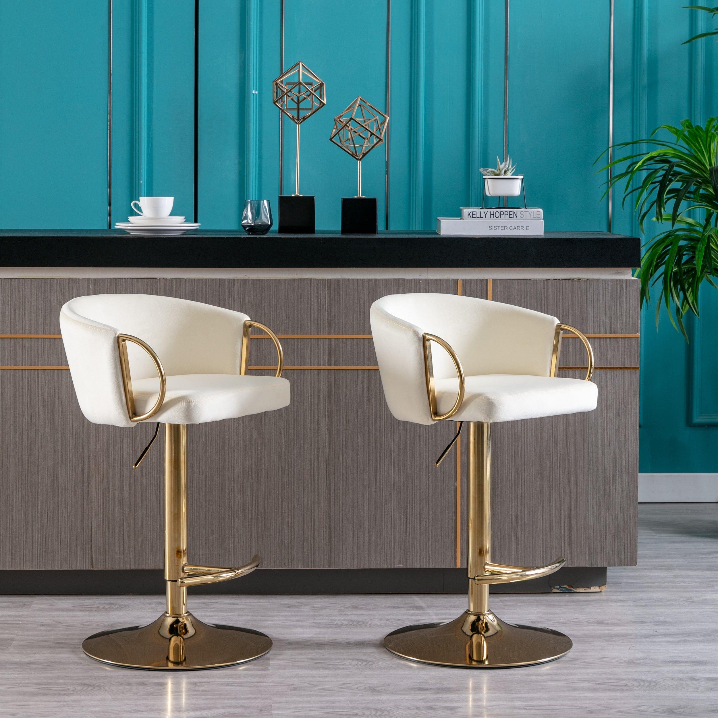 Shop Set of 2 Bar Stools,with Chrome Footrest and Base Swivel Height Adjustable Mechanical Lifting Velvet + Golden Leg Simple Bar Stool-Ivory Mademoiselle Home Decor