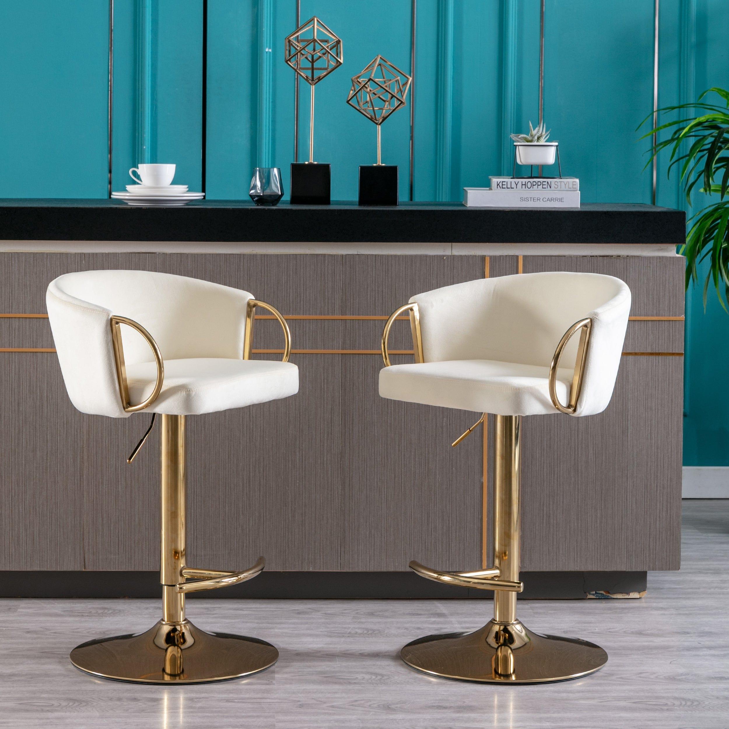 Shop Set of 2 Bar Stools,with Chrome Footrest and Base Swivel Height Adjustable Mechanical Lifting Velvet + Golden Leg Simple Bar Stool-Ivory Mademoiselle Home Decor
