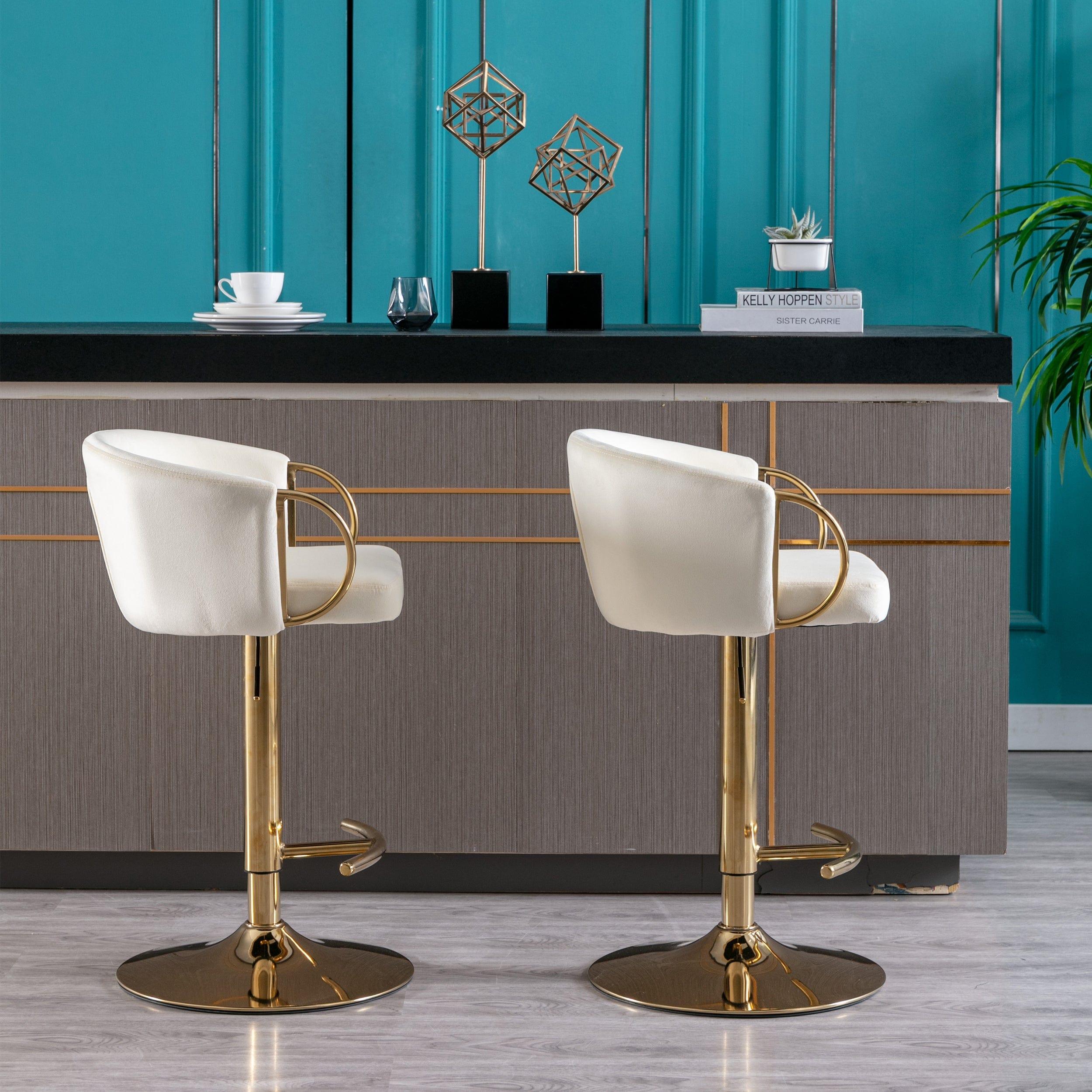 Shop Set of 2 Bar Stools,with Chrome Footrest and Base Swivel Height Adjustable Mechanical Lifting Velvet + Golden Leg Simple Bar Stool-Ivory Mademoiselle Home Decor