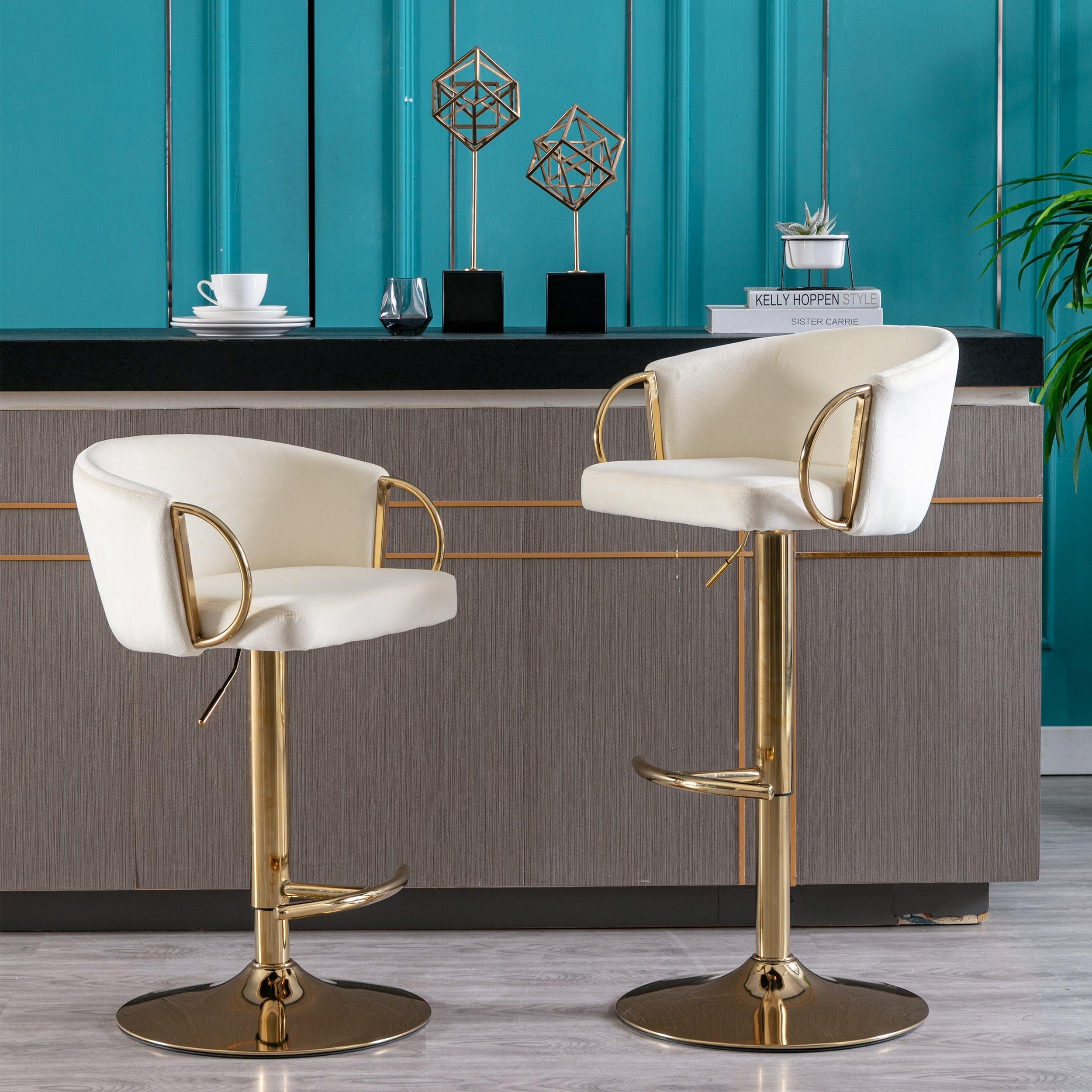 Shop Set of 2 Bar Stools,with Chrome Footrest and Base Swivel Height Adjustable Mechanical Lifting Velvet + Golden Leg Simple Bar Stool-Ivory Mademoiselle Home Decor