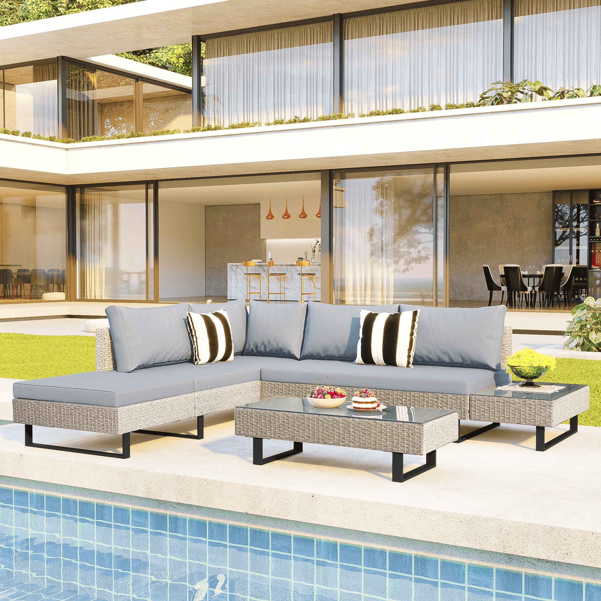 Shop GO 3-piece Outdoor Wicker Sofa Patio Furniture Set, L-shaped Corner Sofa, Water And UV Protected, Two Glass Table, Adjustable Feet And 3.1" Thicker Cushion, Light Gray Cushion and Beige Wicker Mademoiselle Home Decor