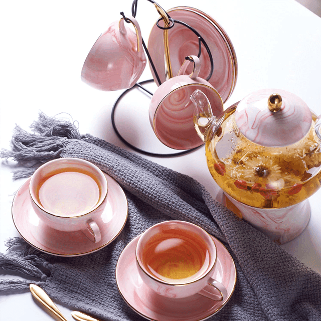 Shop Tea Set Pink / 4 Teacup Set & Teapot Marshall Porcelain Tea Set Mademoiselle Home Decor