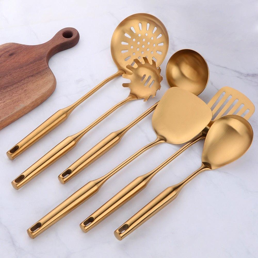 Shop 0 1-10PCS Stainless Steel CookwarLong Handle Set Gold Cooking Utensils Scoop Spoon Turner Ladle Cooking Tools Kitchen Utensils Set Mademoiselle Home Decor