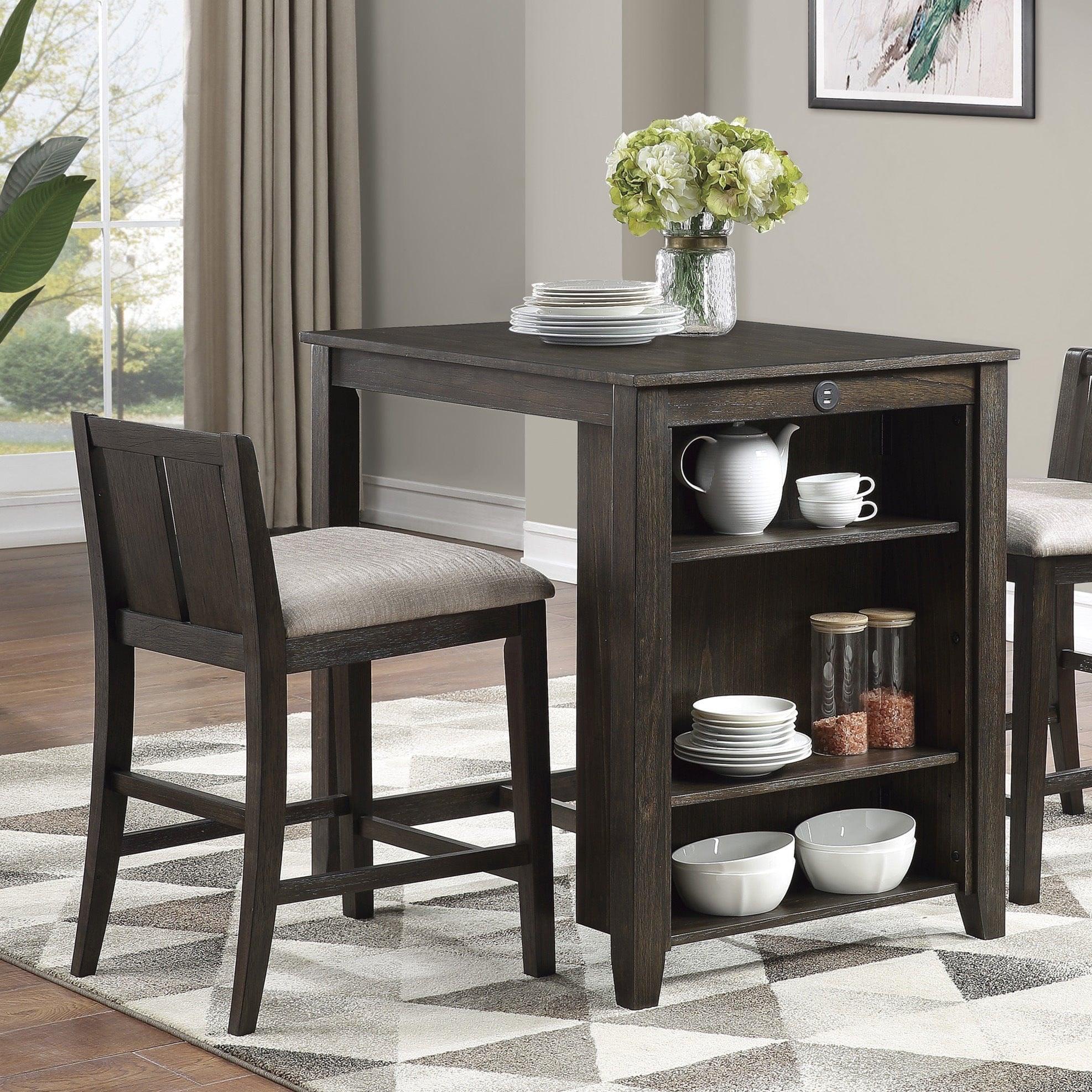 Shop Transitional Design Dark Cherry Finish 3-piece Pack Counter Height Set Table w Display Shelf USB ports and 2x Counter Height Chairs Fabric Upholstered Dining Furniture Mademoiselle Home Decor