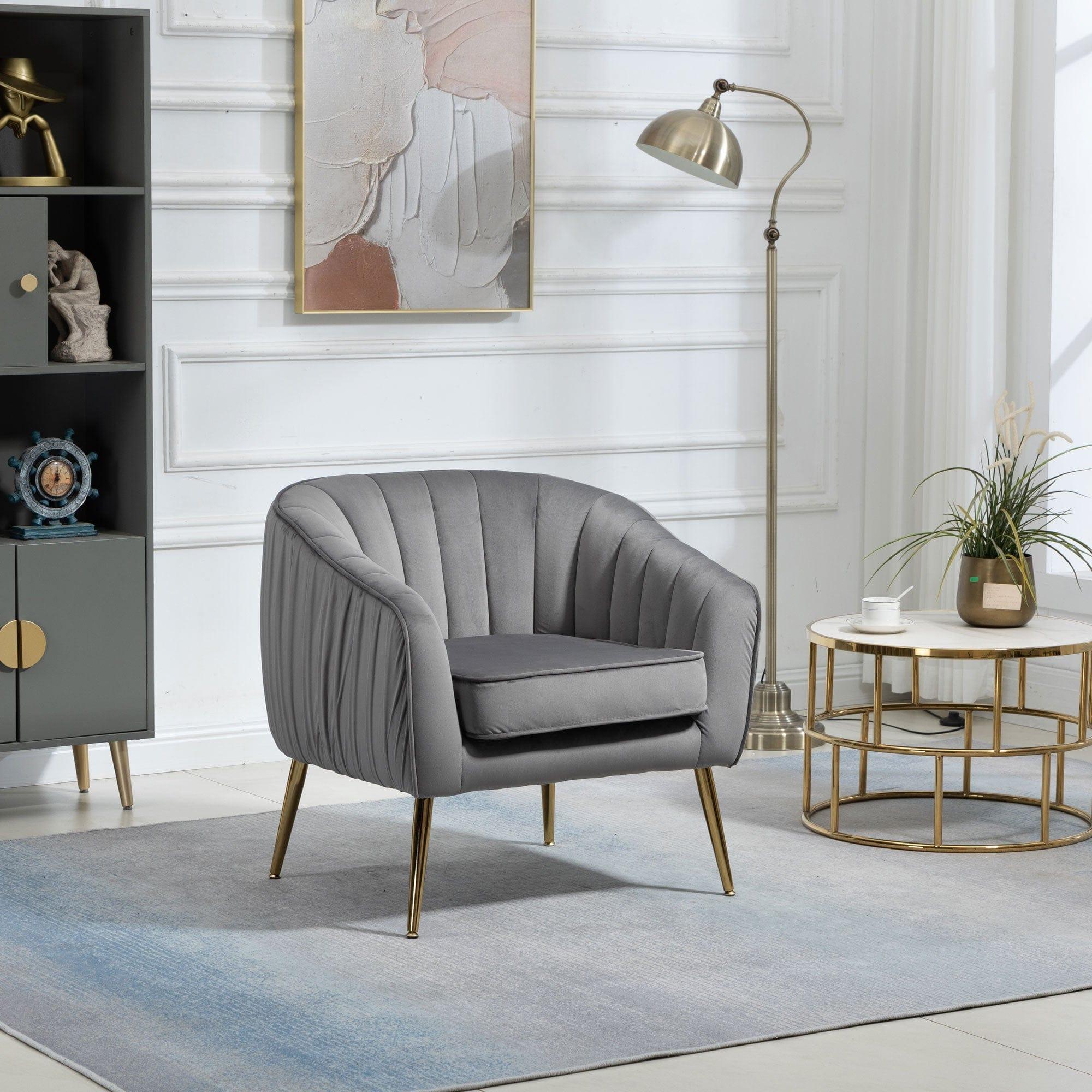 Shop Velvet Accent Chair with Ottoman, Modern Tufted Barrel Chair Ottoman Set for Living Room Bedroom, Golden Finished, Grey Mademoiselle Home Decor