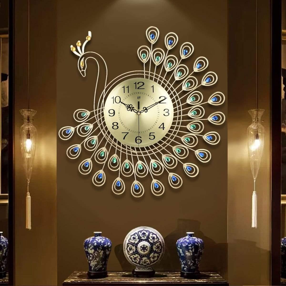 Shop 0 Large 3D Gold Diamond peacock Wall Clock Metal Watch for Home Living Room Decoration часы настенные DIY Clocks Ornaments 53x53cm Mademoiselle Home Decor