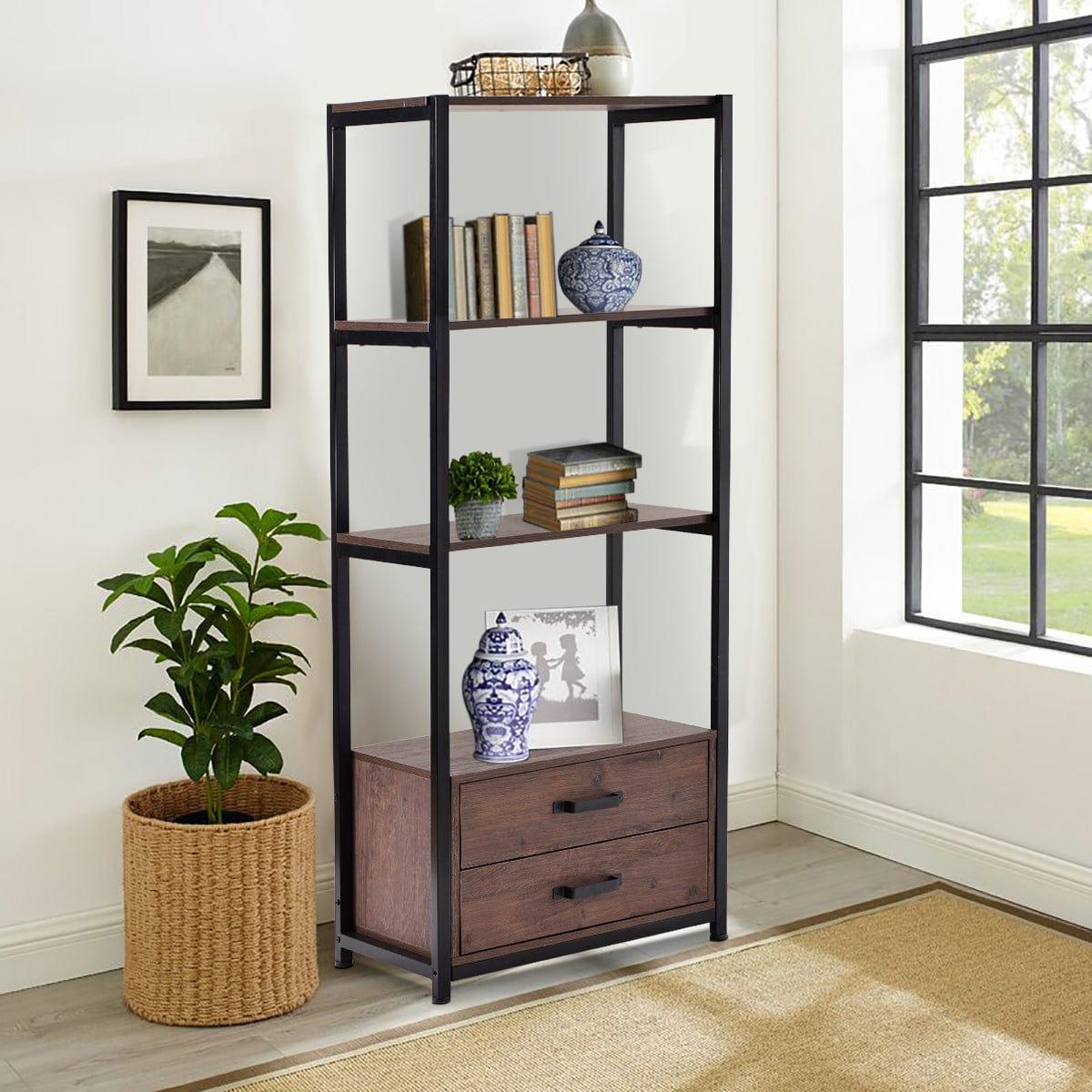 Shop Home Office 4-Tier Bookshelf, Simple Industrial Bookcase Standing Shelf Unit Storage Organizer with 4 Open Storage Shelves and Two Drawers, Brown Mademoiselle Home Decor