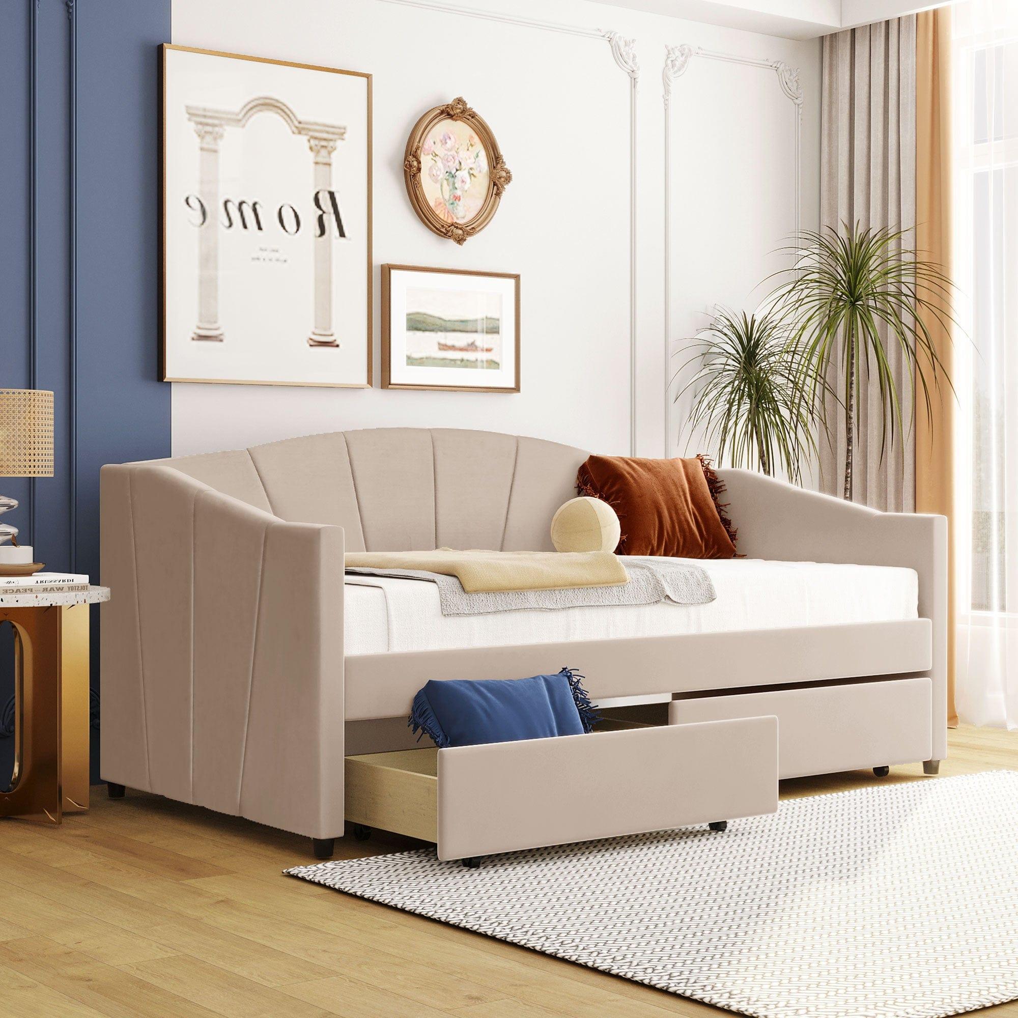 Shop Upholstered daybed Twin Size with Two Drawers and Wood Slat ,Beige Mademoiselle Home Decor