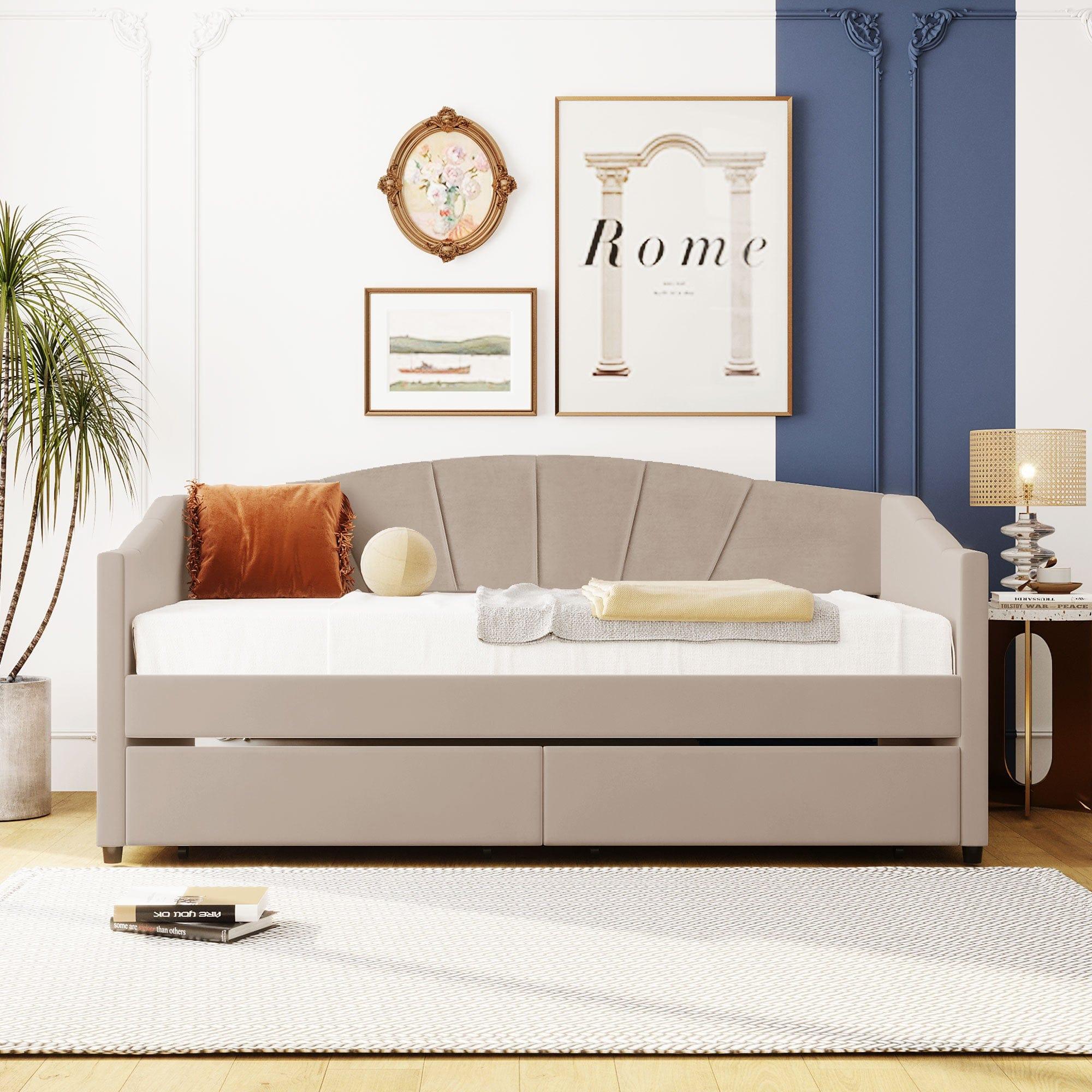 Shop Upholstered daybed Twin Size with Two Drawers and Wood Slat ,Beige Mademoiselle Home Decor