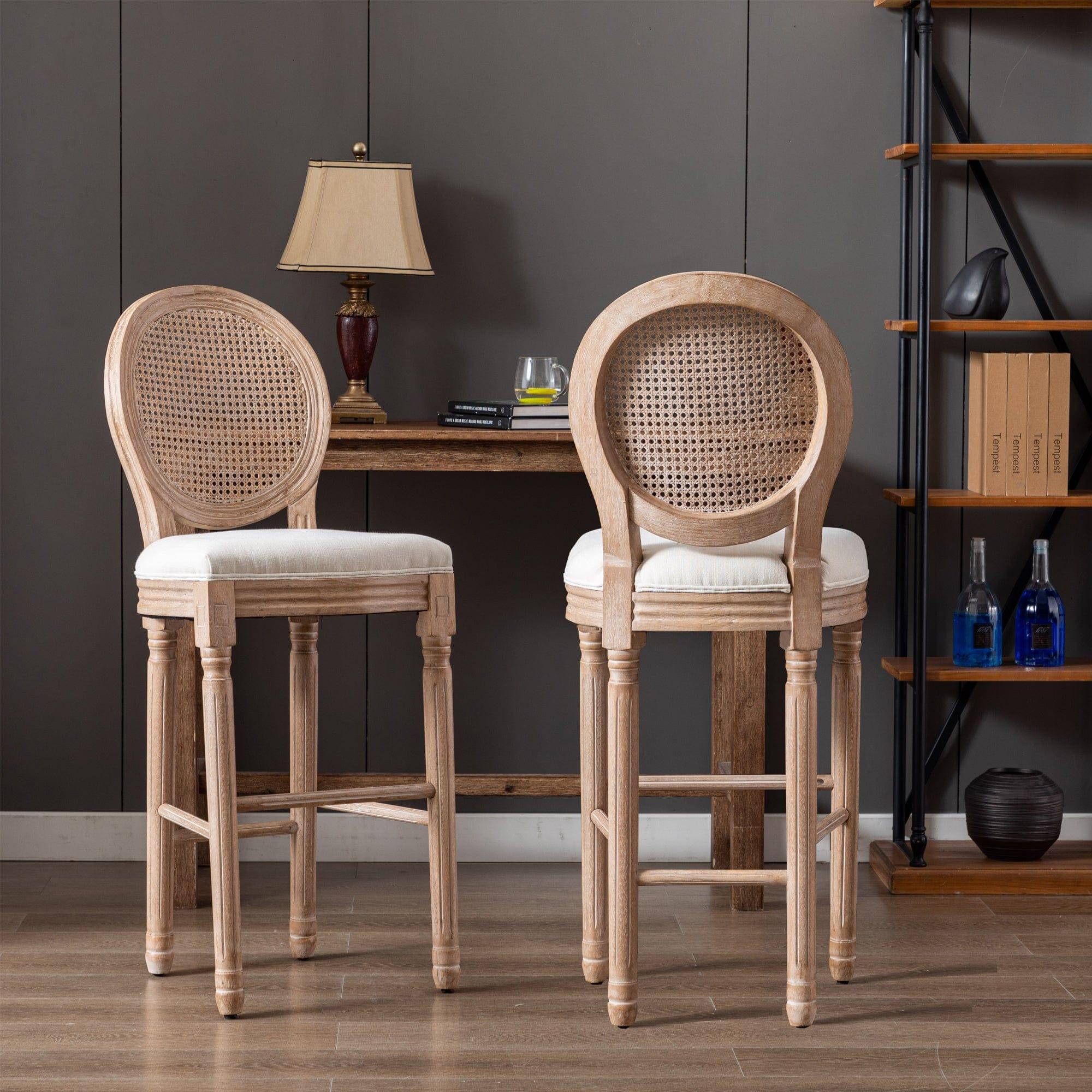 Shop Hengming French Country Wooden Barstools Rattan Back With Upholstered Seating , Beige and Natural ,Set of 2 Mademoiselle Home Decor