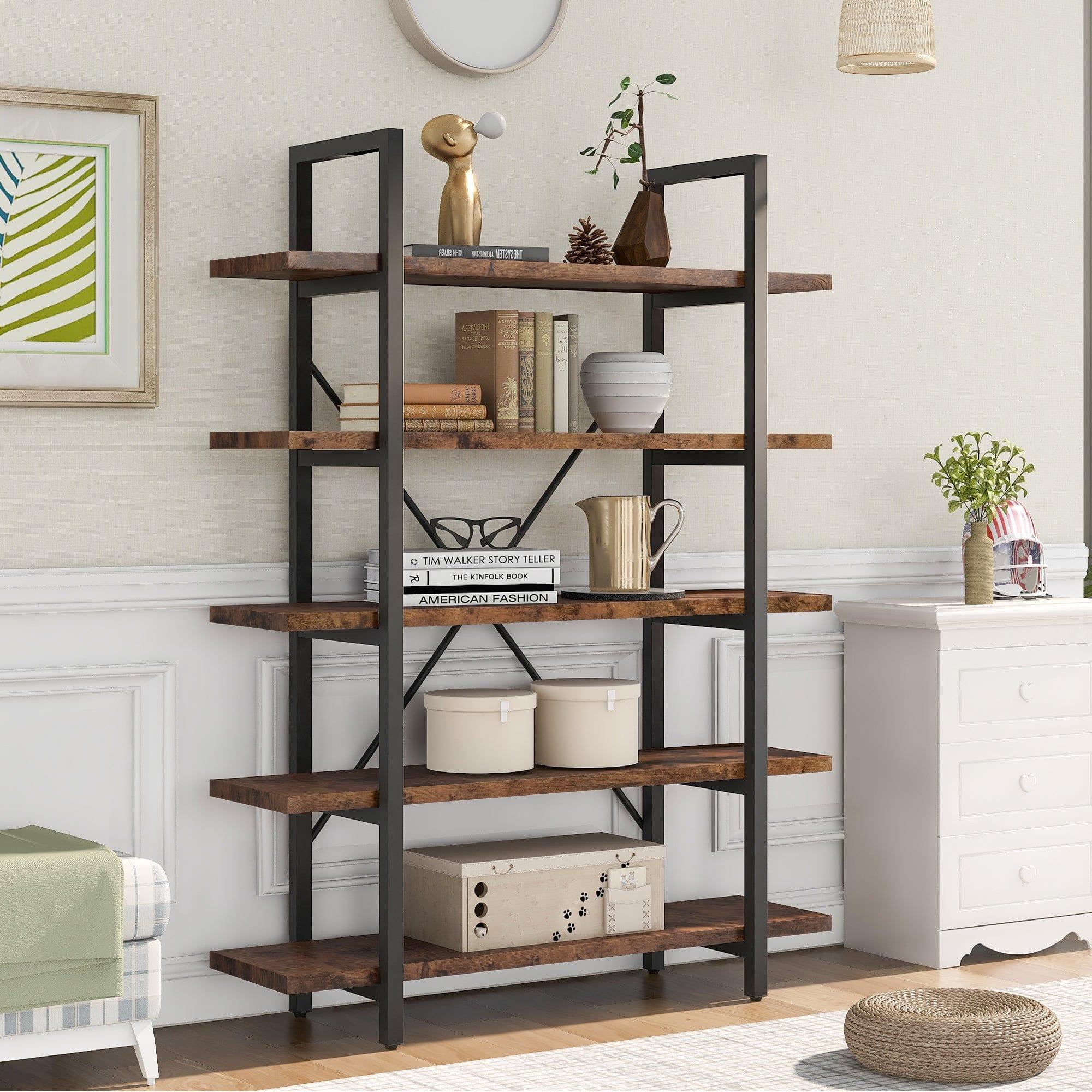 Shop ON-TREND 5-tier Industrial Bookcase with Rustic Wood and Metal Frame, Large Open Bookshelf for Living Room(Distressed Brown) Mademoiselle Home Decor