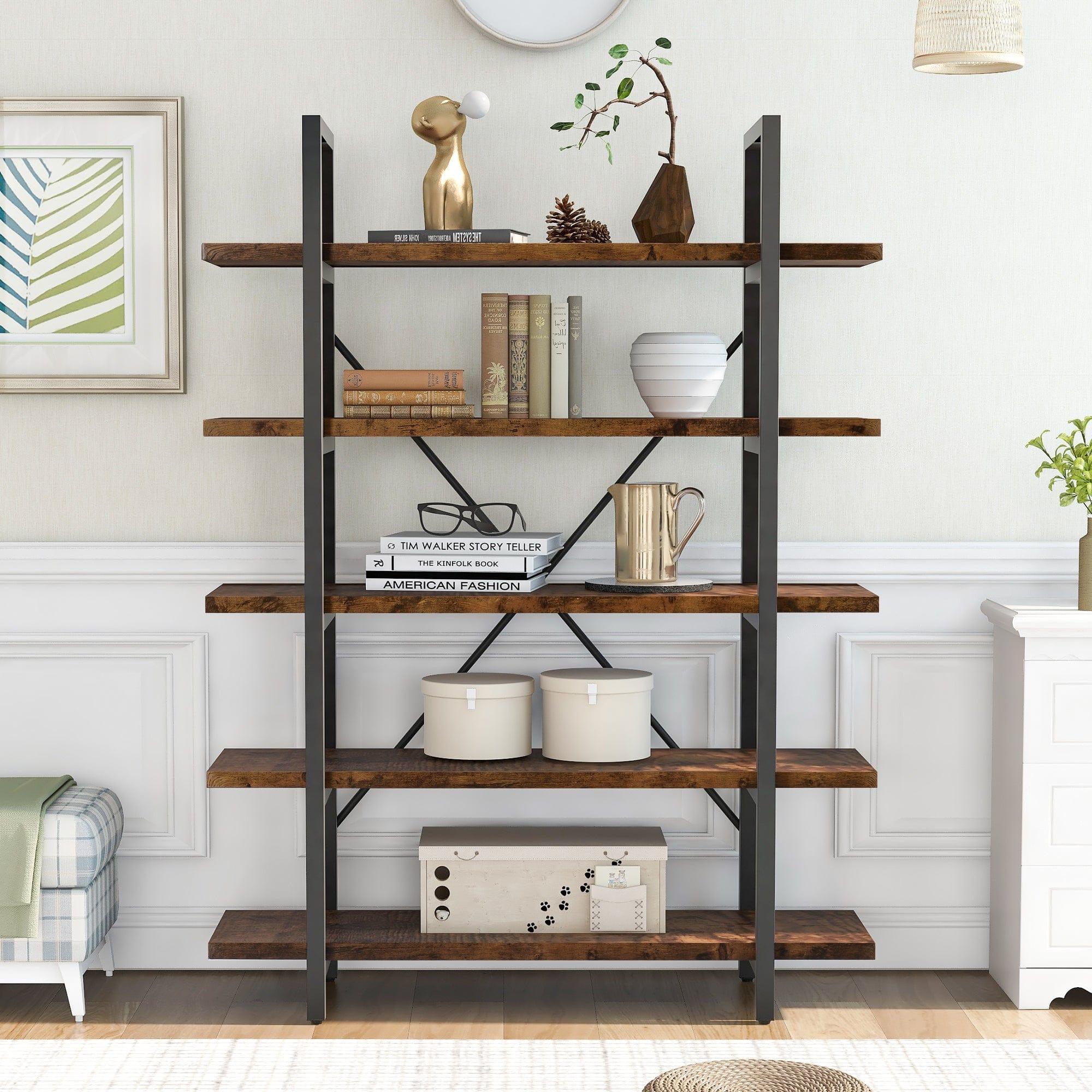 Shop ON-TREND  5-tier Industrial Bookcase with Rustic Wood and Metal Frame, Large Open Bookshelf for Living Room（Distressed Brown） Mademoiselle Home Decor