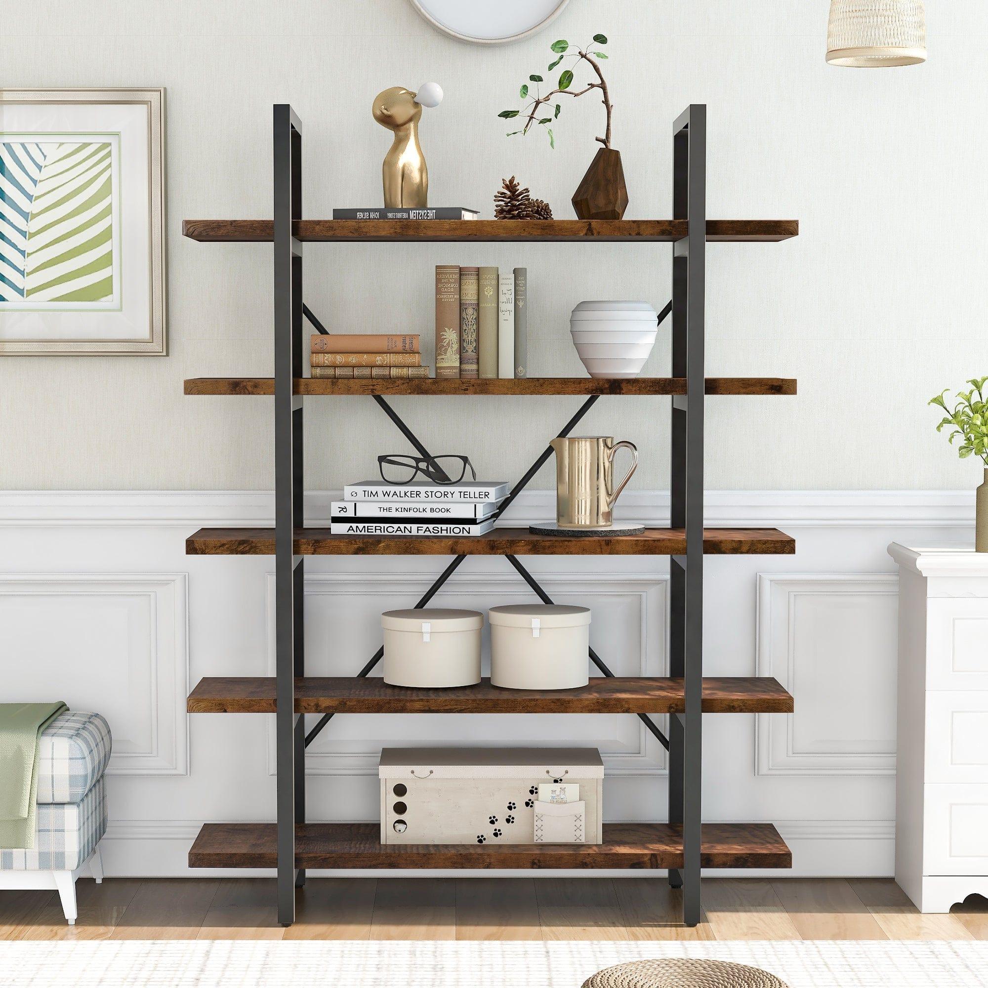 Shop ON-TREND 5-tier Industrial Bookcase with Rustic Wood and Metal Frame, Large Open Bookshelf for Living Room(Distressed Brown) Mademoiselle Home Decor