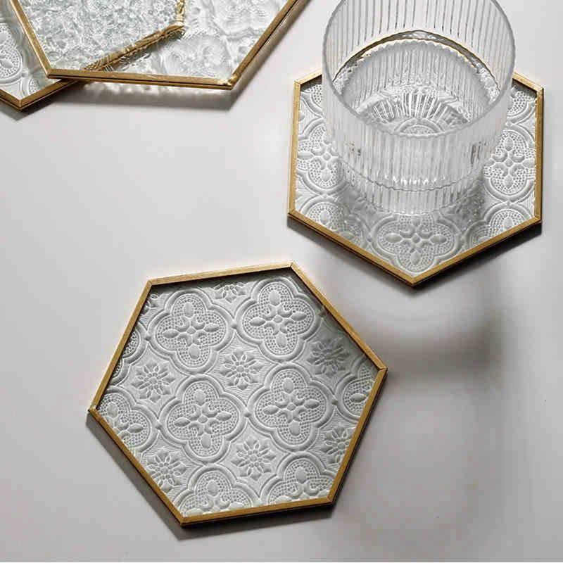 Shop 0 Ins European Retro Window Grille Glass Coaster Gold Copper Embossed Pattern Hexagonal Glass Coaster Dining Table Insulation Pad Mademoiselle Home Decor