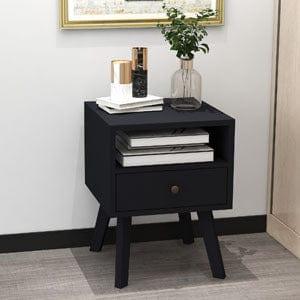 Shop Mid-Century Modern Bedside Table, 1 Drawer with Open Shelves, black Mademoiselle Home Decor