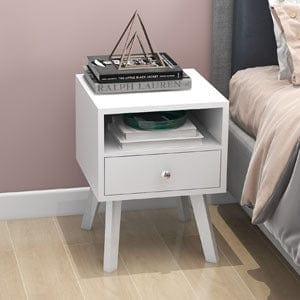 Shop Mid-Century Modern Bedside Table, 1 Drawer with Open Shelves, White Mademoiselle Home Decor