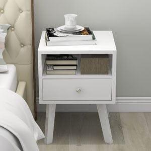 Shop Mid-Century Modern Bedside Table, 1 Drawer with Open Shelves, White Mademoiselle Home Decor