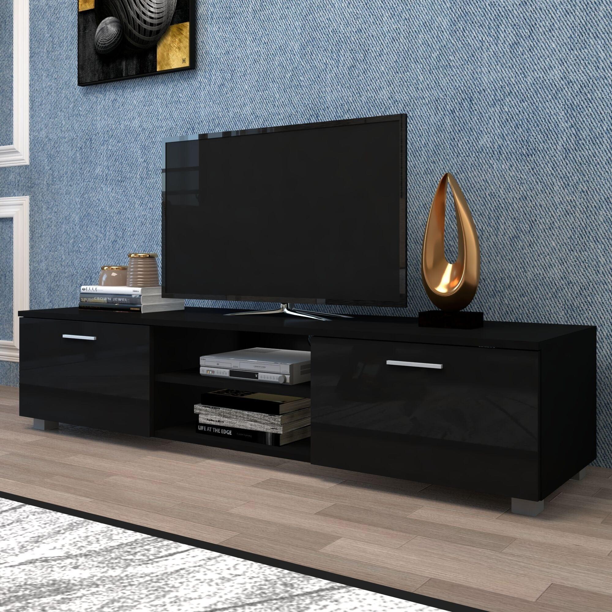 Shop Black TV Stand for 70 Inch TV Stands, Media Console Entertainment Center Television Table, 2 Storage Cabinet with Open Shelves for Living Room Bedroom Mademoiselle Home Decor