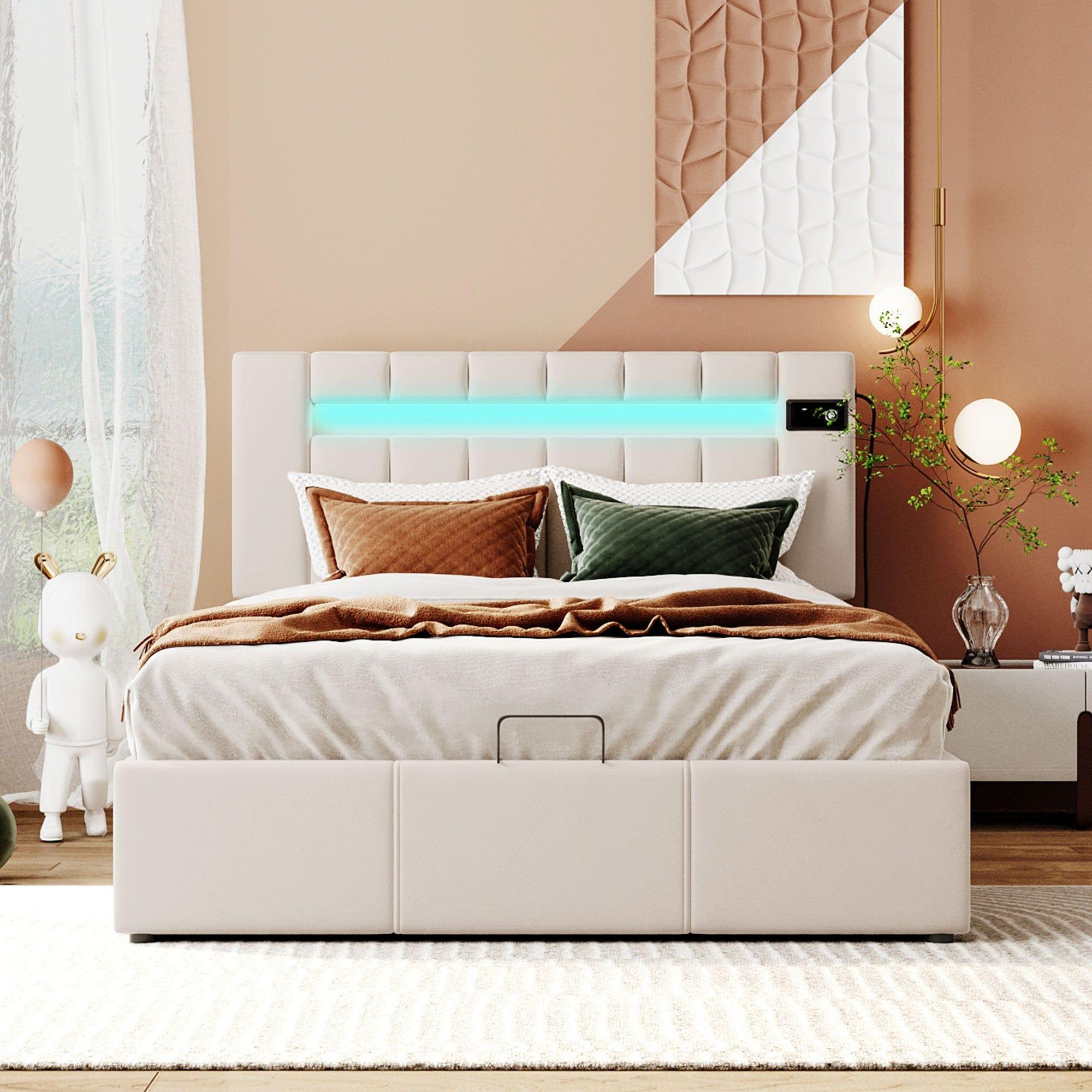 Shop Upholstered Bed Full Size with LED light, Bluetooth Player and USB Charging, Hydraulic Storage Bed in Beige Velvet Fabric Mademoiselle Home Decor