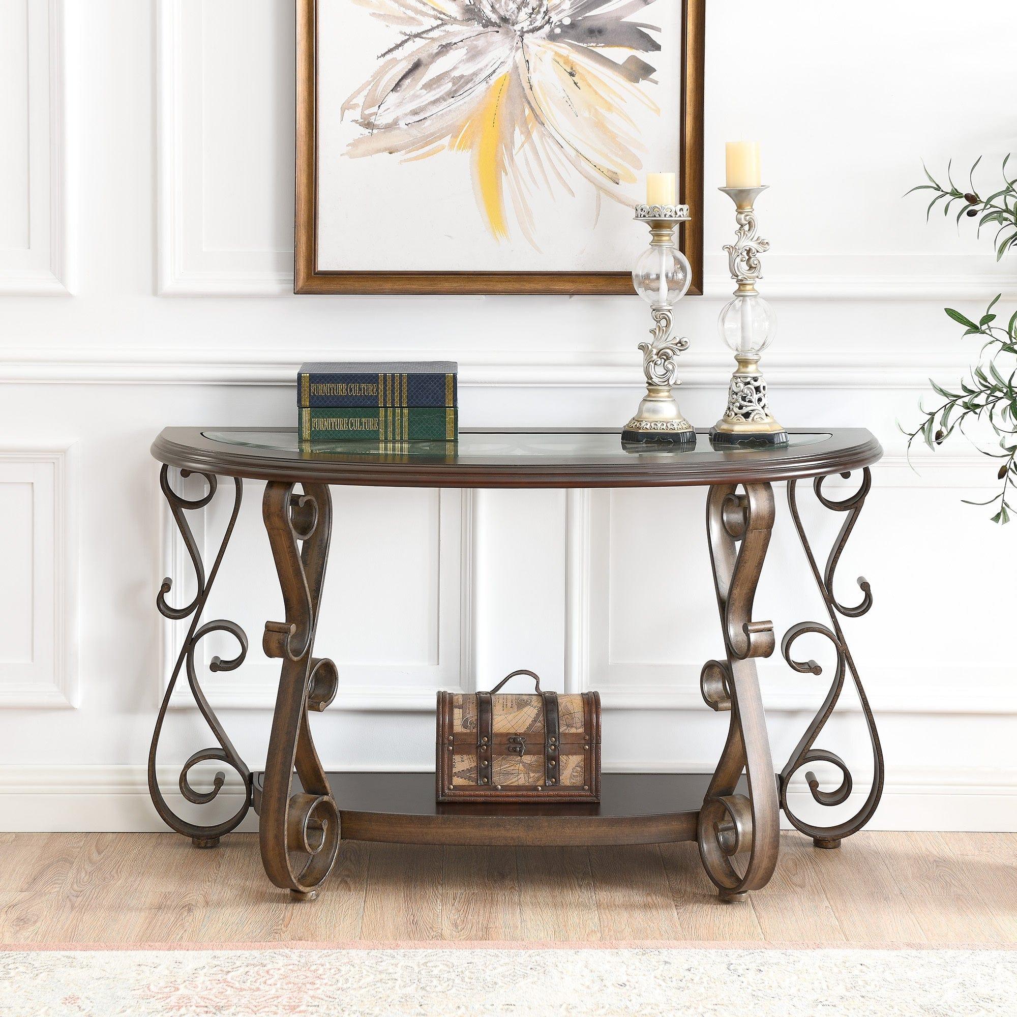 Shop Console Table with Glass Table Top and Powder Coat Finish Metal Legs，Dark Brown （25.5"X25.5"X23.5") Mademoiselle Home Decor