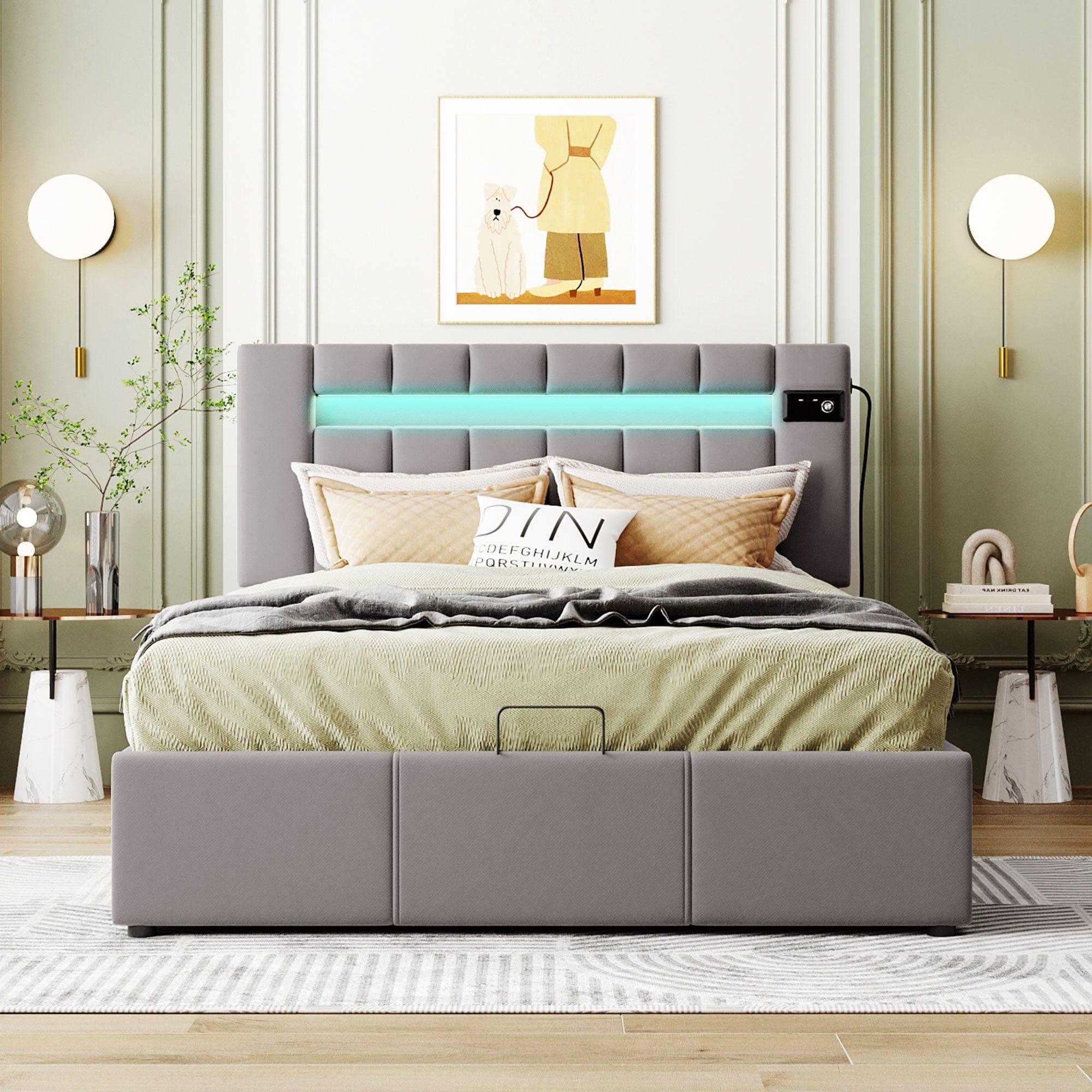 Shop Upholstered Bed Full Size with LED light, Bluetooth Player and USB Charging, Hydraulic Storage Bed in Gray Velvet Fabric Mademoiselle Home Decor