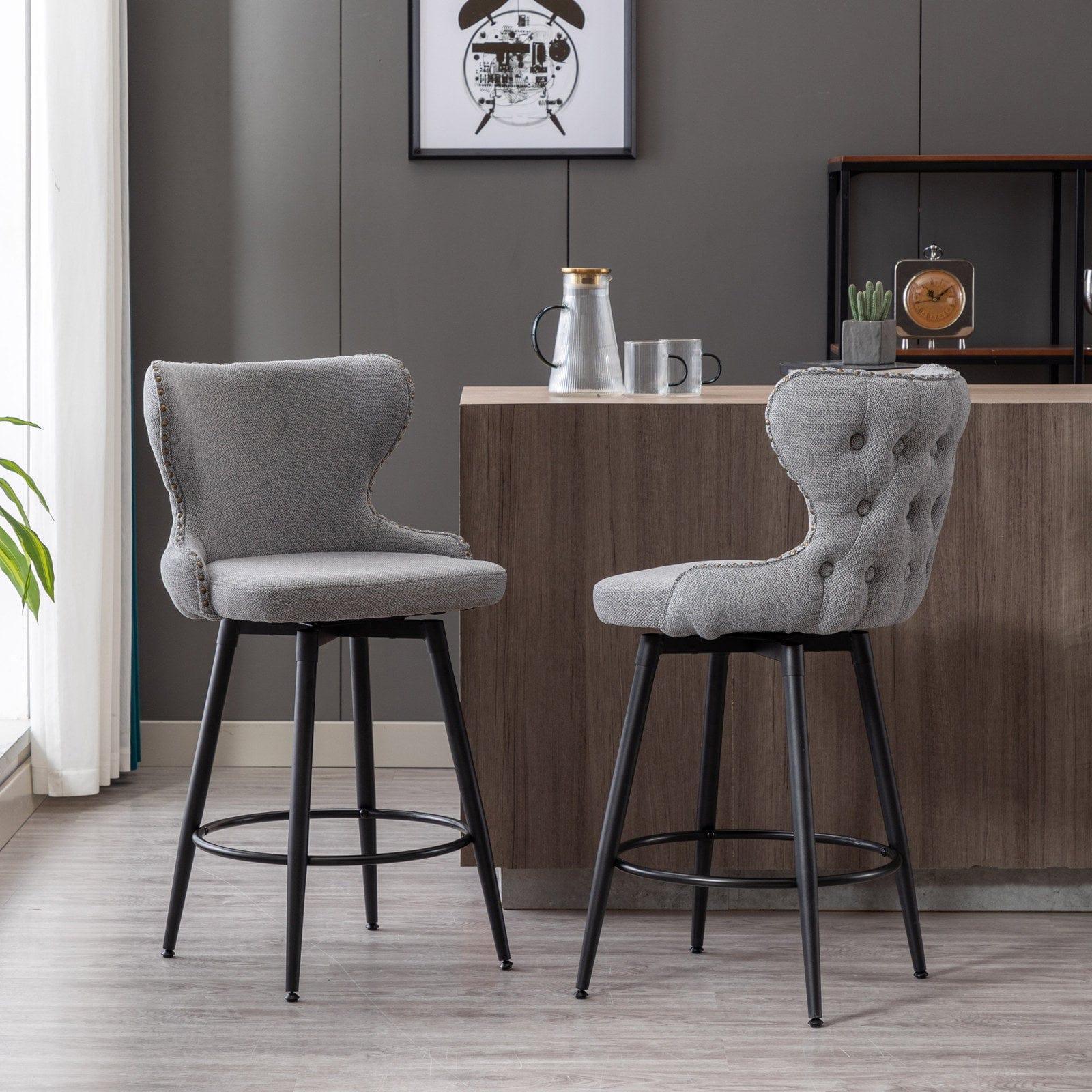 Shop A&A Furniture,Counter Height 25" Modern Linen Fabric Counter Chairs,180° Swivel Bar Stool Chair for Kitchen,Tufted Cupreous Nailhead Trim Burlap Bar Stools with Metal Legs,Set of 2 (Gray) Mademoiselle Home Decor