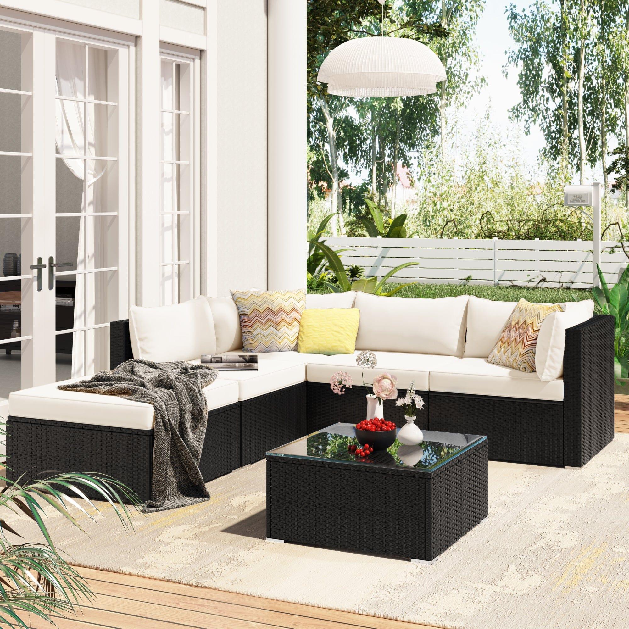 Shop GO 6-Piece Patio Furniture Set corner sofa set with thick removable cushions, PE Rattan Wicker, outdoor Garden Sectional Sofa Chair, removable Beige cushions, Black wicker Mademoiselle Home Decor