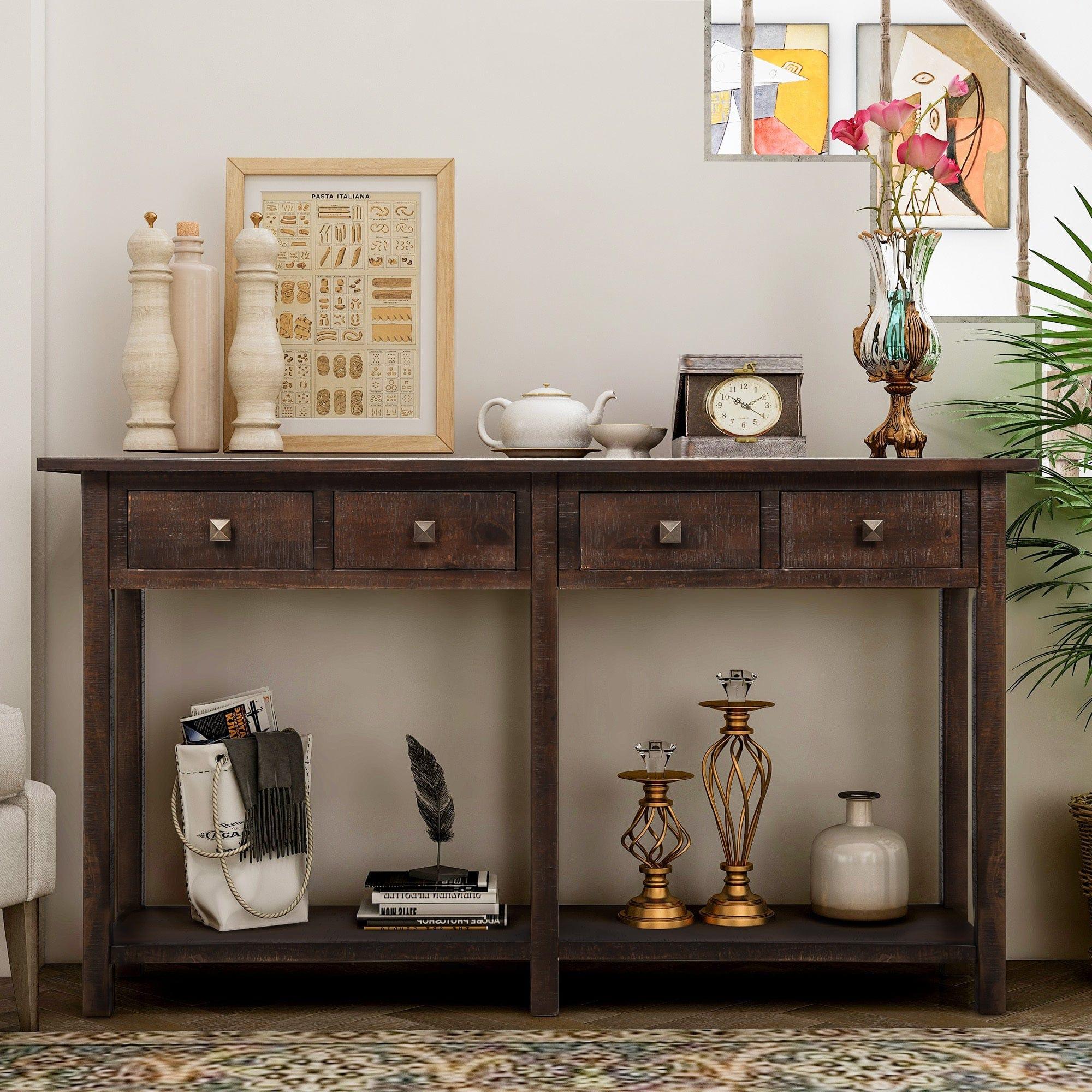 Shop TREXM Rustic Brushed Texture Entryway Table Console Table with Drawer and Bottom Shelf for Living Room(Espresso) Mademoiselle Home Decor