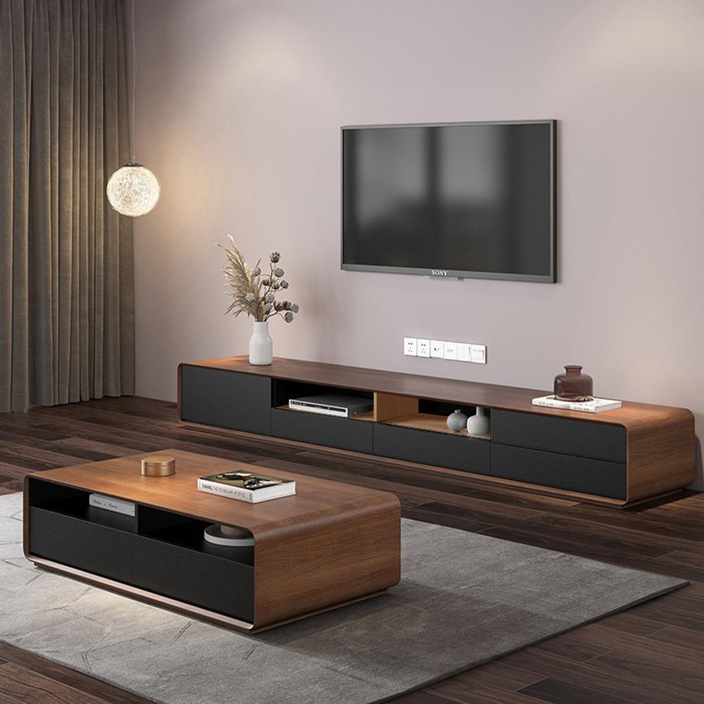 Shop Modern Wood Black TV Stand, Lowline Media Console with 4 Drawers, Open Storage Cabinet, Walnut Veneer, Fully-assembled, 78" Mademoiselle Home Decor