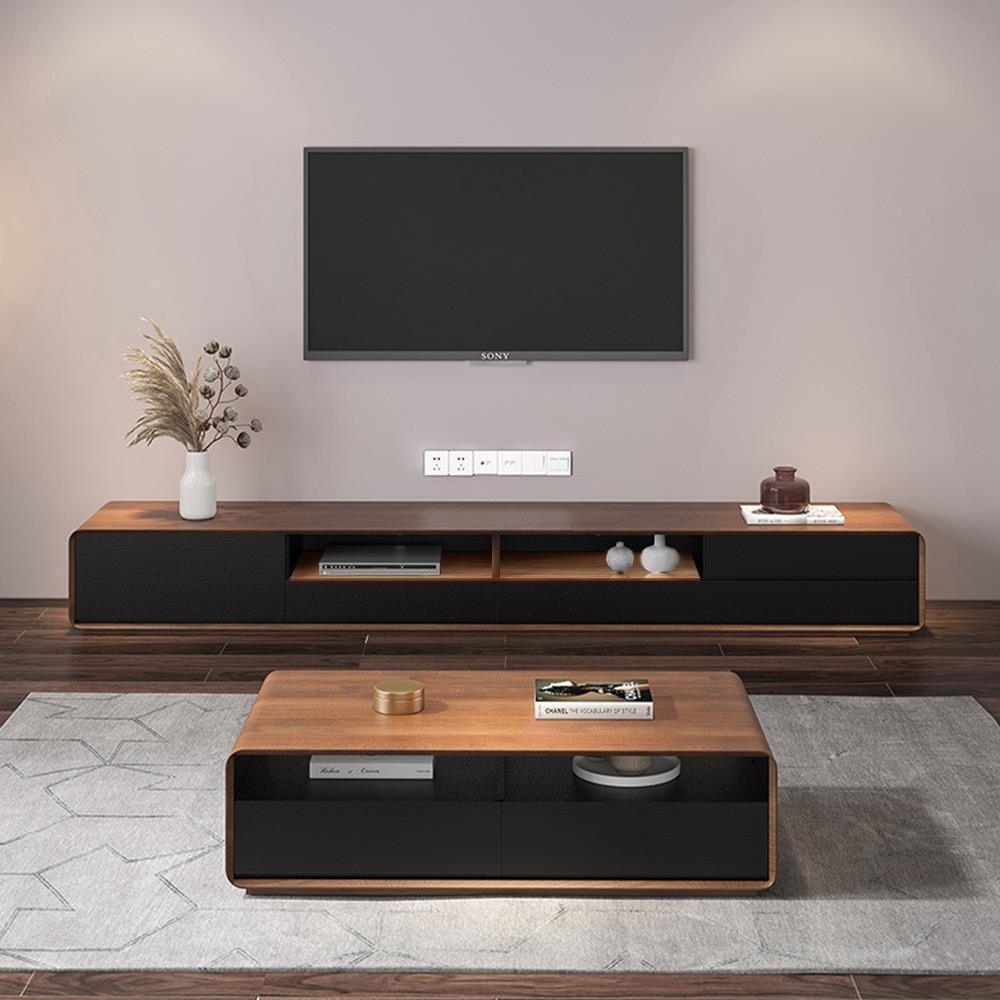 Shop Modern Wood Black TV Stand, Lowline Media Console with 4 Drawers, Open Storage Cabinet, Walnut Veneer, Fully-assembled, 78" Mademoiselle Home Decor