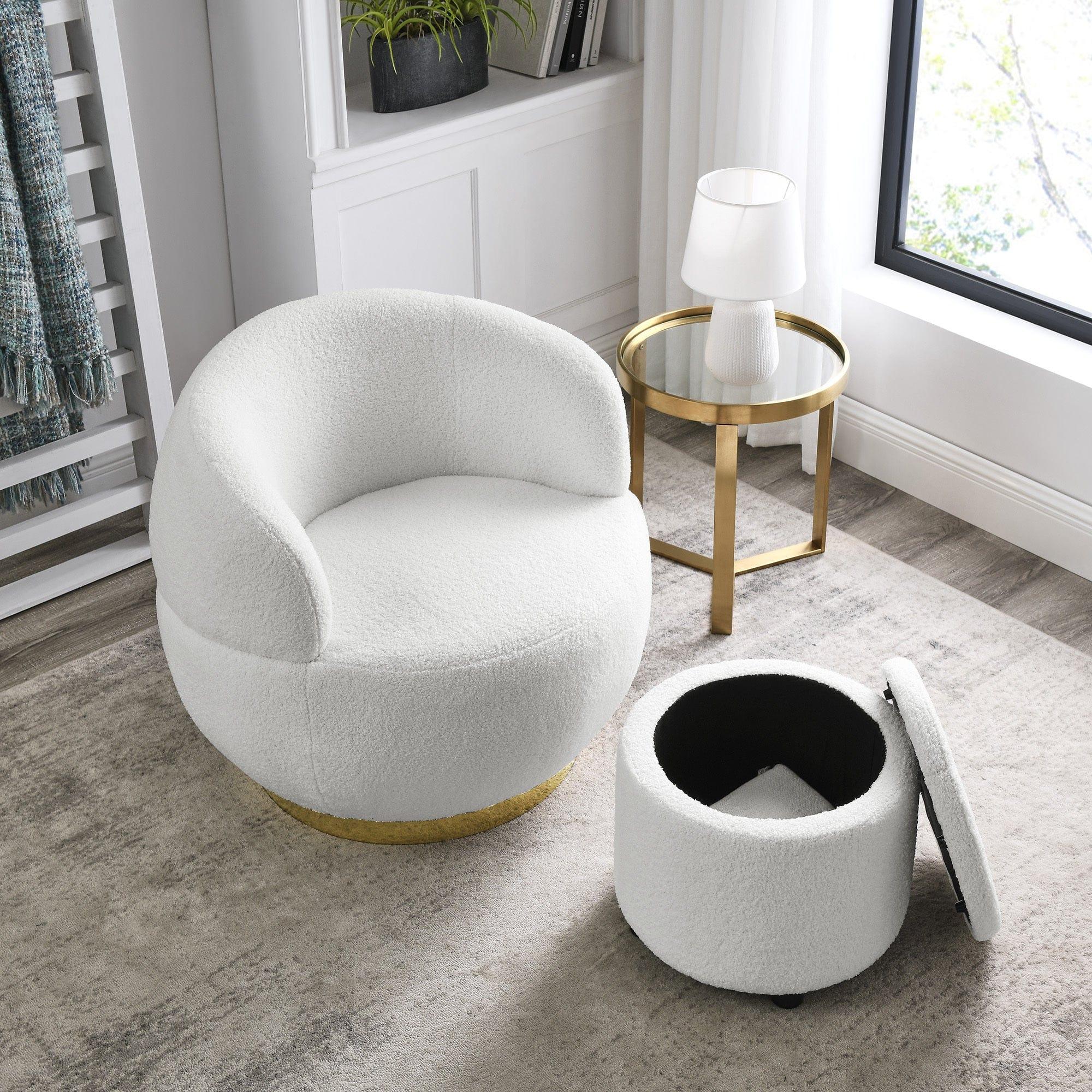 Shop Swviel Barrel Chair with Gold Stainless Steel Base, with Storage Ottoman, Teddy Fabric, Ivory Mademoiselle Home Decor