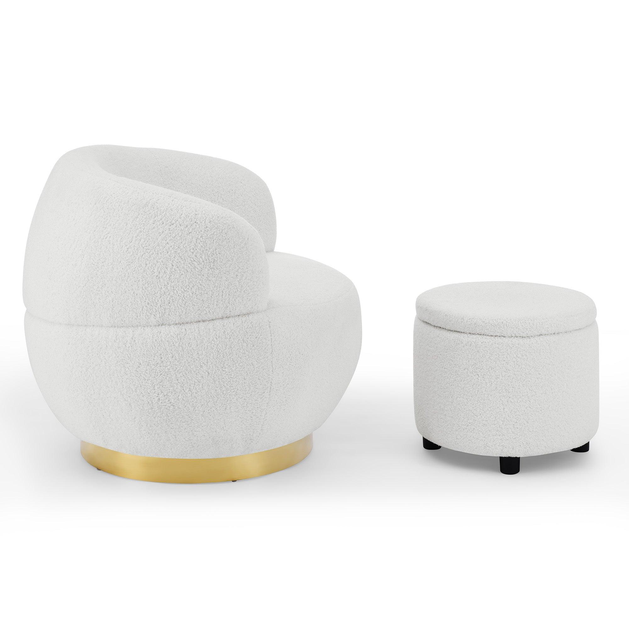 Shop Swviel Barrel Chair with Gold Stainless Steel Base, with Storage Ottoman, Teddy Fabric, Ivory Mademoiselle Home Decor