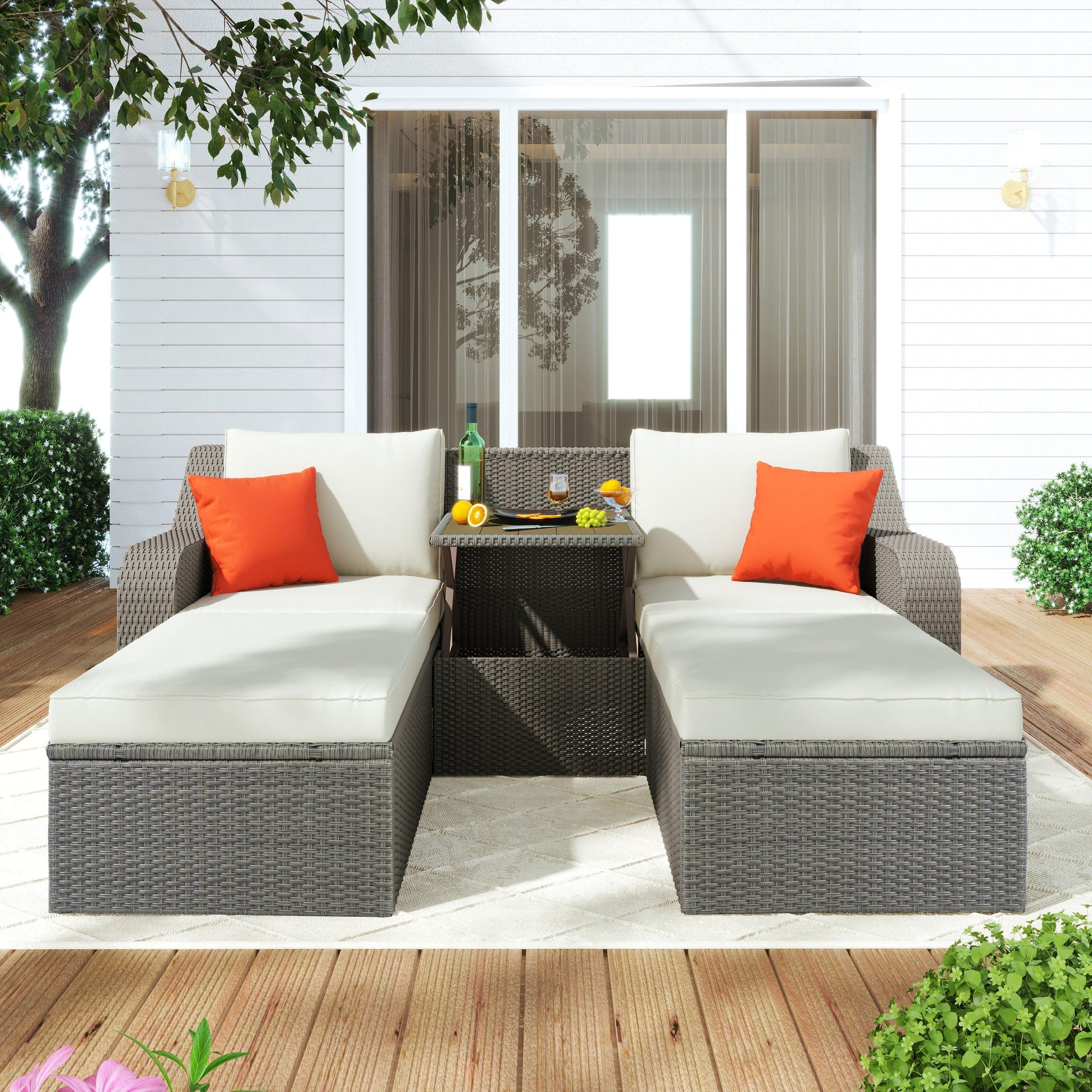 Shop U_STYLE Patio Furniture Sets, 3-Piece Patio Wicker Sofa with Cushions, Pillows, Ottomans and Lift Top Coffee Table Mademoiselle Home Decor