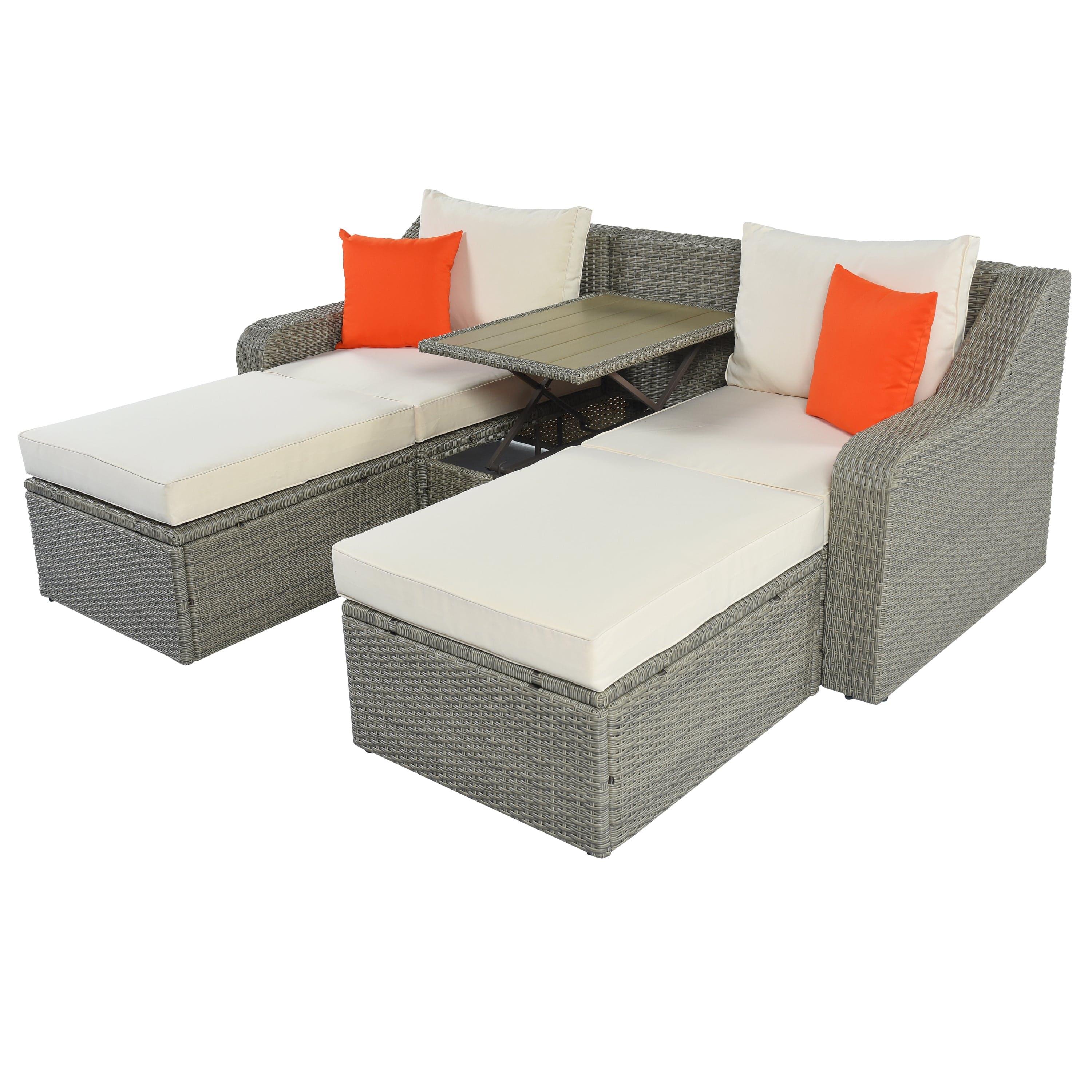 Shop U_STYLE Patio Furniture Sets, 3-Piece Patio Wicker Sofa with Cushions, Pillows, Ottomans and Lift Top Coffee Table Mademoiselle Home Decor
