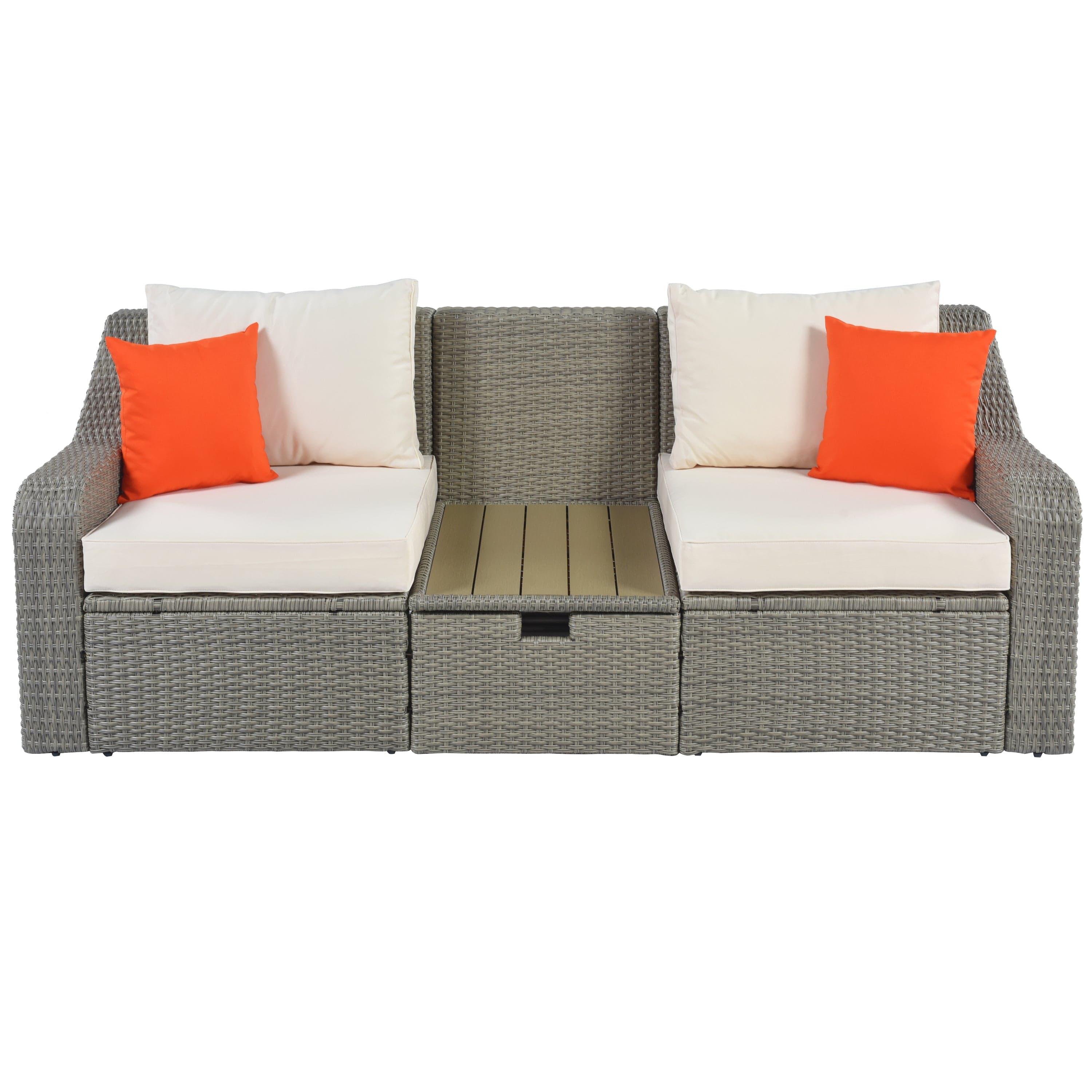 Shop U_STYLE Patio Furniture Sets, 3-Piece Patio Wicker Sofa with Cushions, Pillows, Ottomans and Lift Top Coffee Table Mademoiselle Home Decor