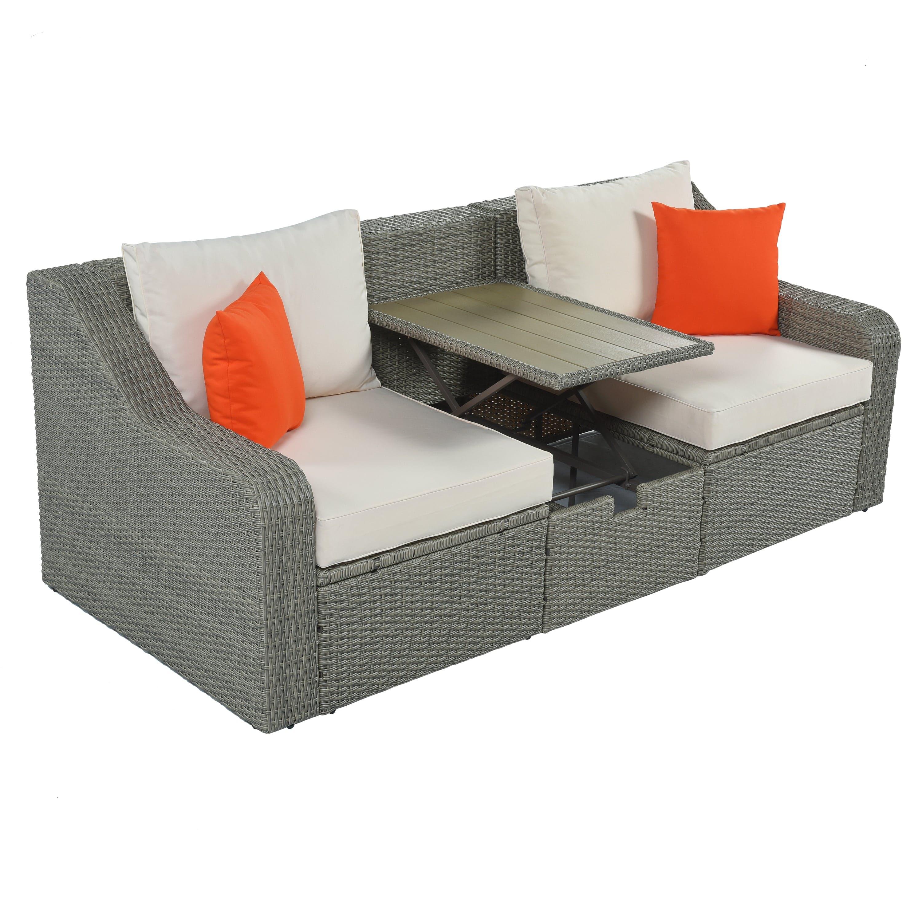 Shop U_STYLE Patio Furniture Sets, 3-Piece Patio Wicker Sofa with Cushions, Pillows, Ottomans and Lift Top Coffee Table Mademoiselle Home Decor