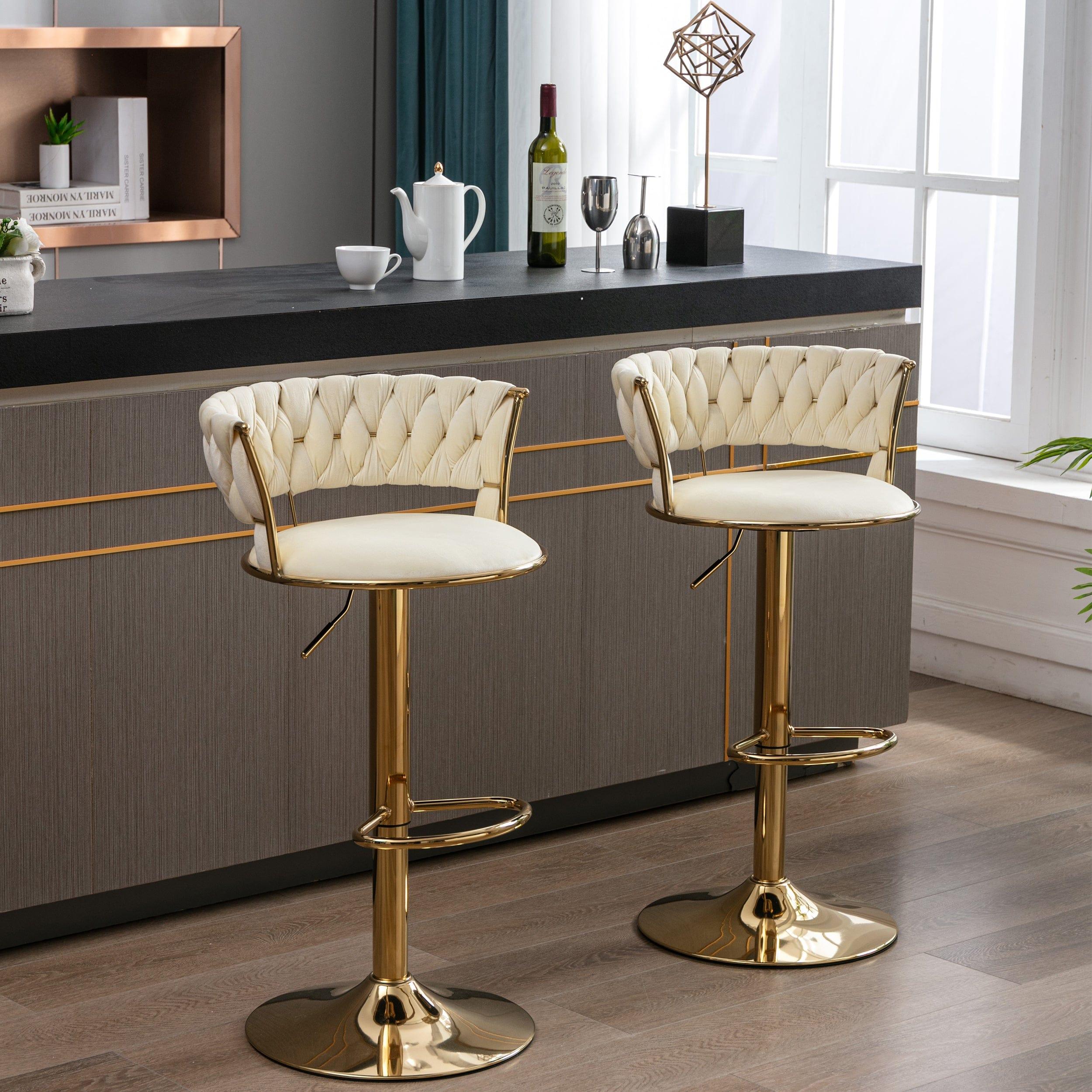 Shop Set of 2 Bar Stools,with Chrome Footrest and Base Swivel Height Adjustable Mechanical Lifting Velvet + Golden Leg Simple Bar Stool-cream Mademoiselle Home Decor