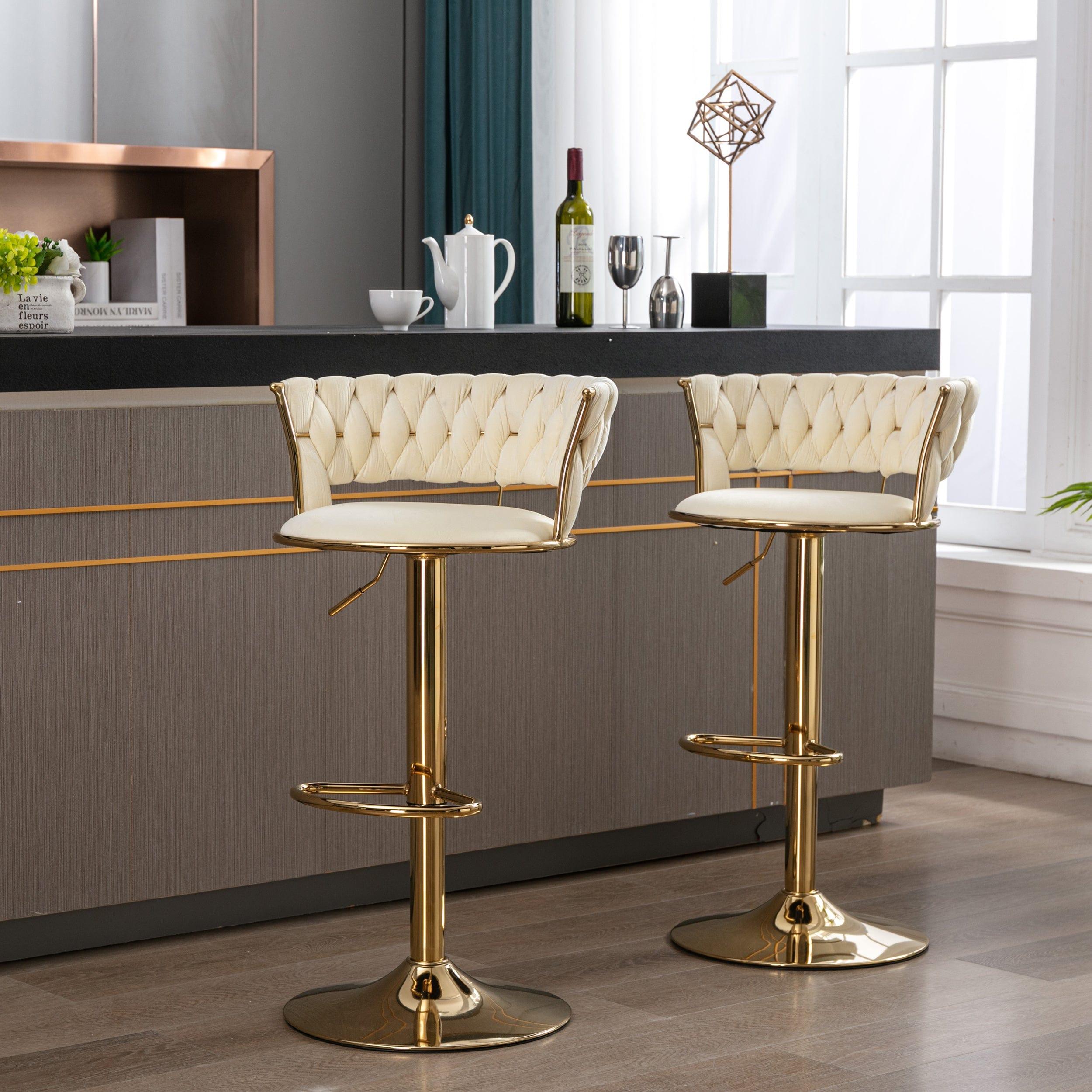 Shop Set of 2 Bar Stools,with Chrome Footrest and Base Swivel Height Adjustable Mechanical Lifting Velvet + Golden Leg Simple Bar Stool-cream Mademoiselle Home Decor