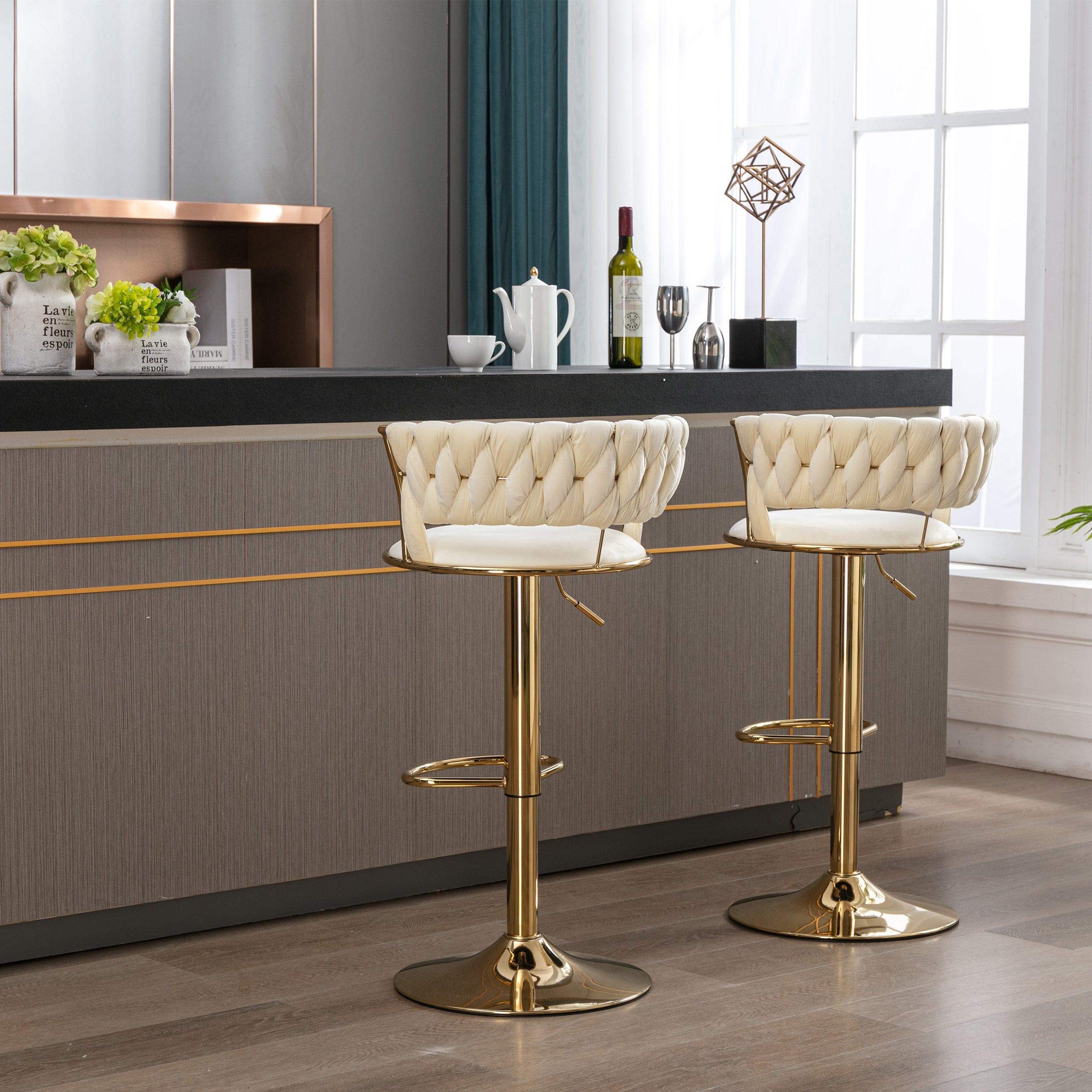 Shop Set of 2 Bar Stools,with Chrome Footrest and Base Swivel Height Adjustable Mechanical Lifting Velvet + Golden Leg Simple Bar Stool-cream Mademoiselle Home Decor