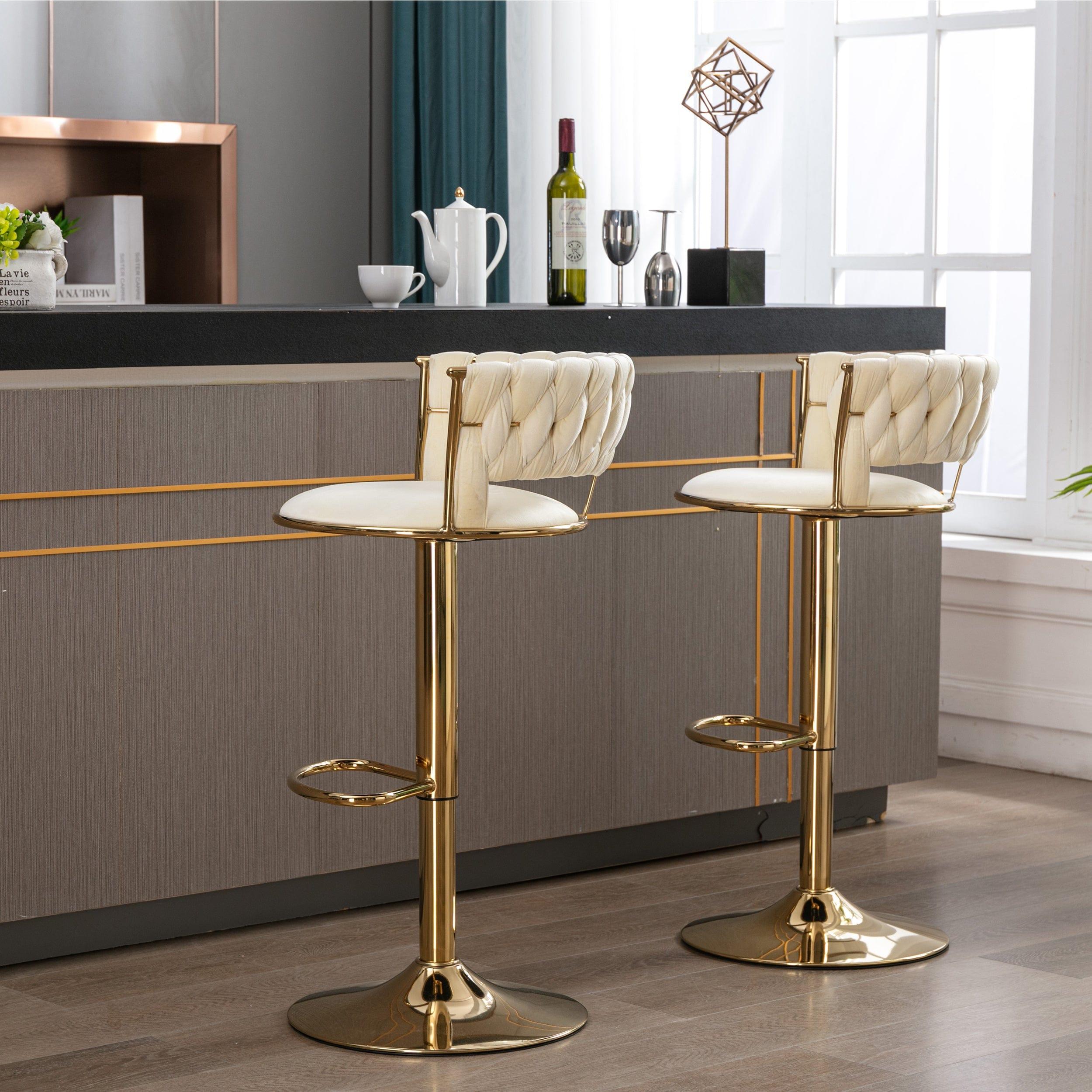 Shop Set of 2 Bar Stools,with Chrome Footrest and Base Swivel Height Adjustable Mechanical Lifting Velvet + Golden Leg Simple Bar Stool-cream Mademoiselle Home Decor