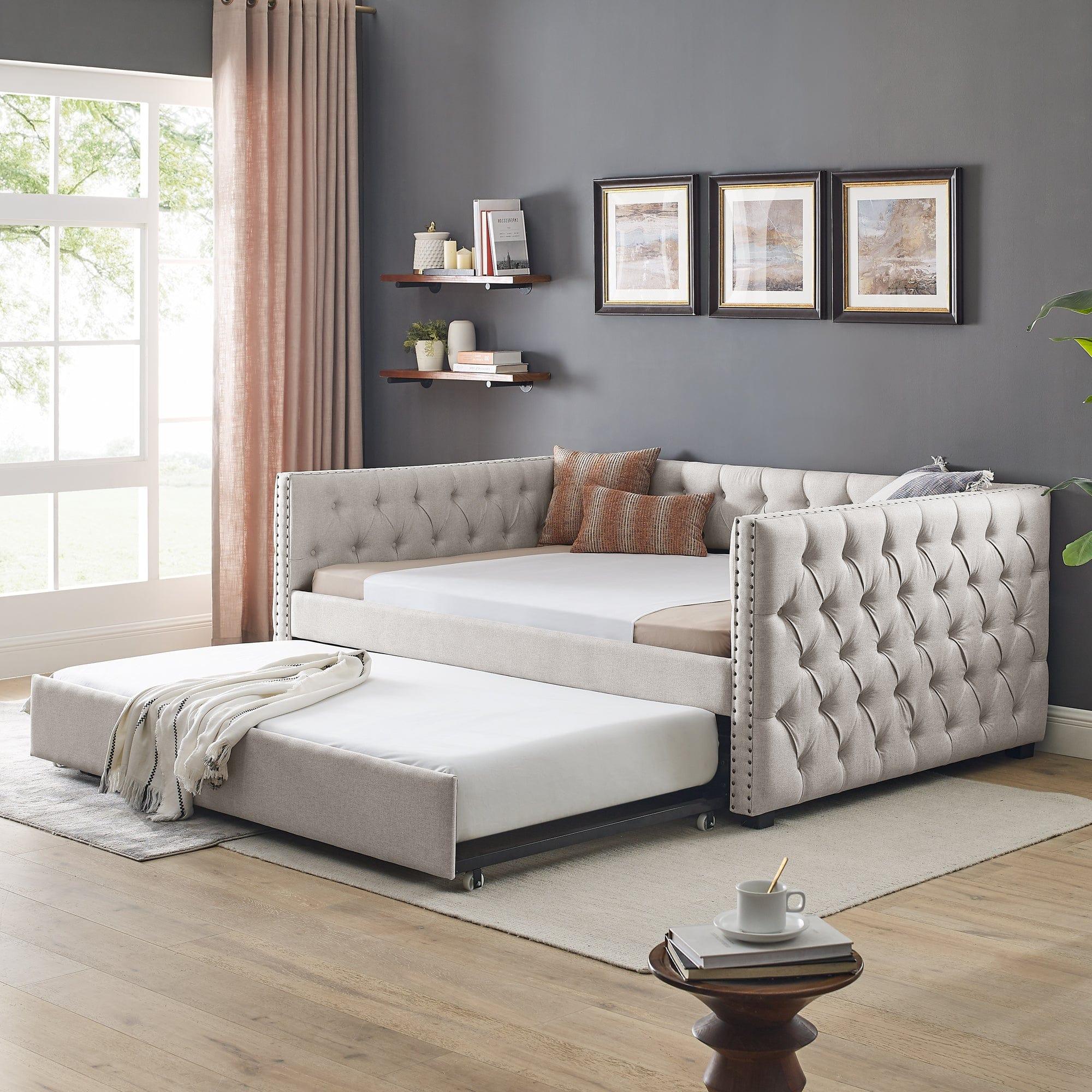 Shop Daybed with Trundle Upholstered Tufted Sofa Bed, with Button and Copper Nail on Square Arms，Full Daybed & Twin Trundle, Beige（85“x57”x31.5“） Mademoiselle Home Decor